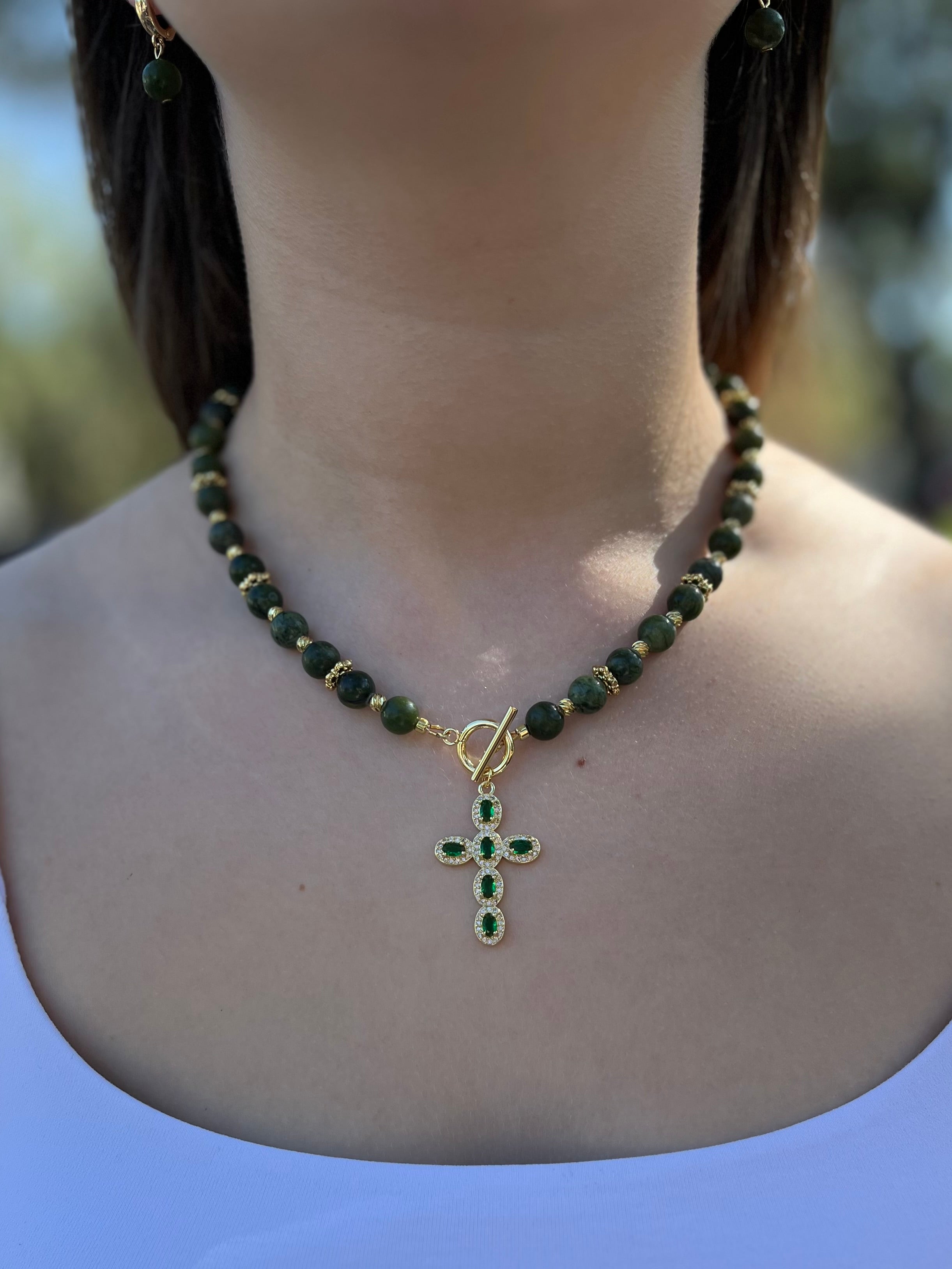 Set: Natural Taiwan Jade Necklace with Zirconia Cross 18K Gold plated