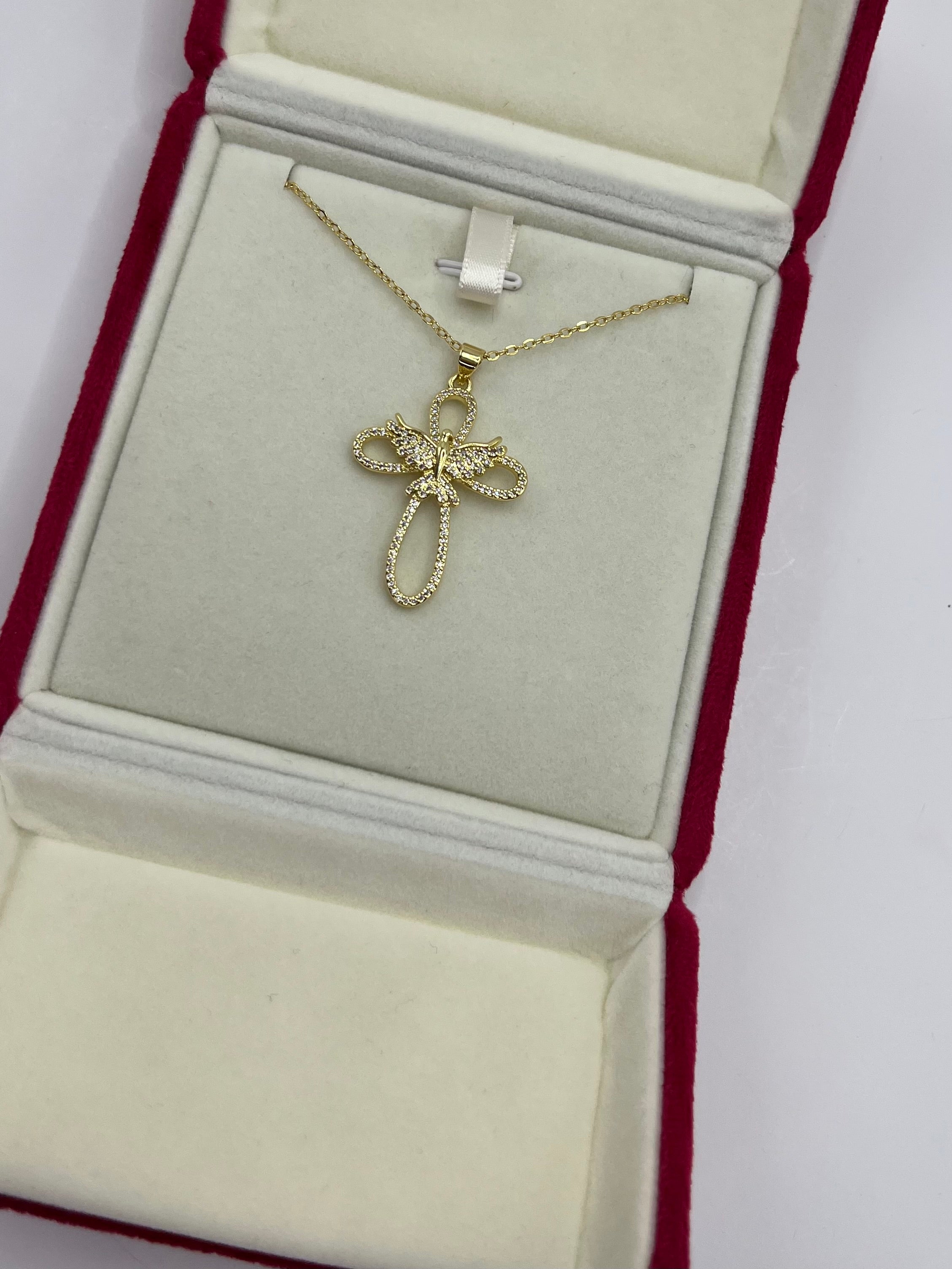 Cross with bird Necklace, Real 18K Gold Plated