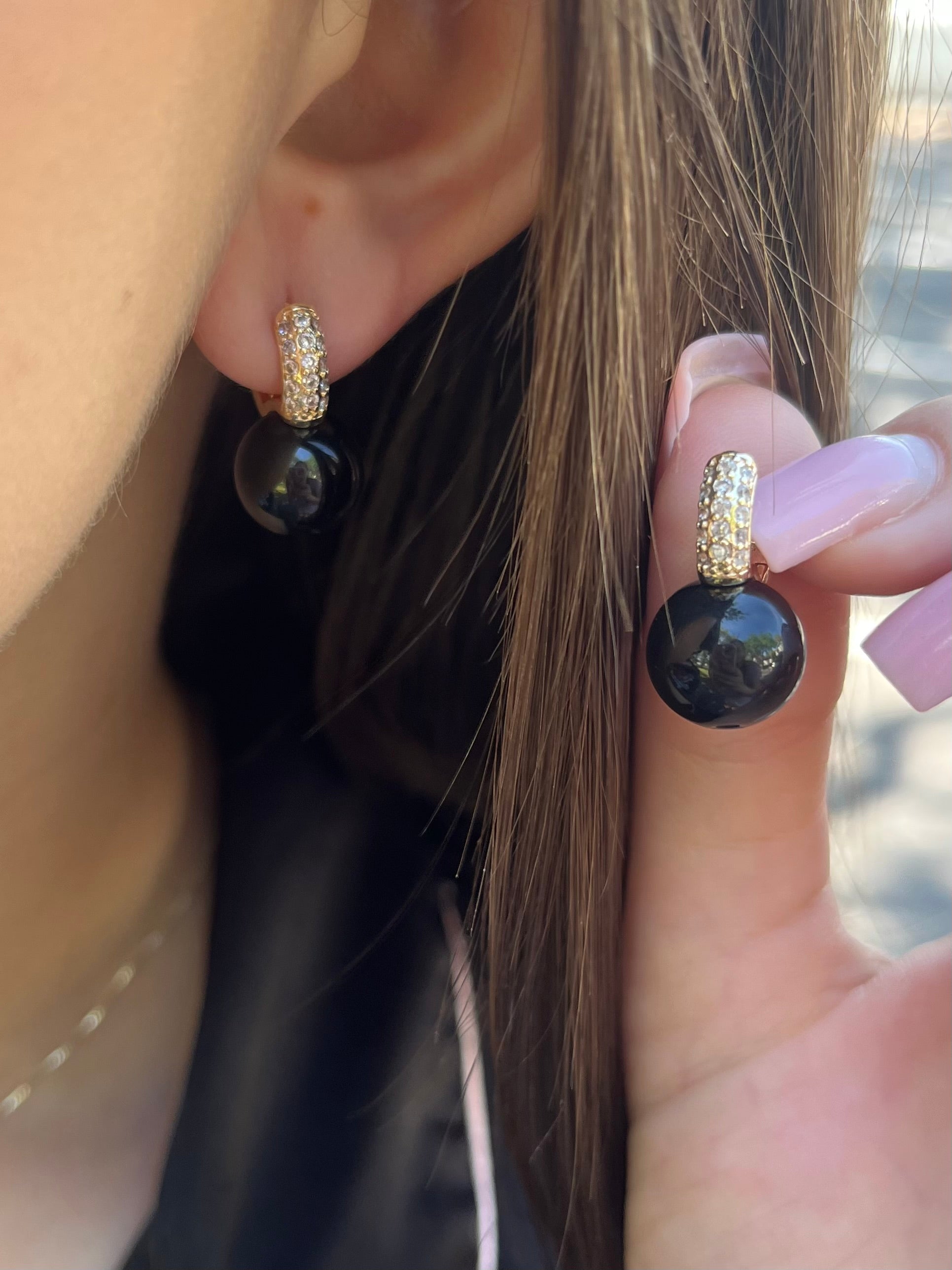 Natural Onyx Gold Zirconia Earrings