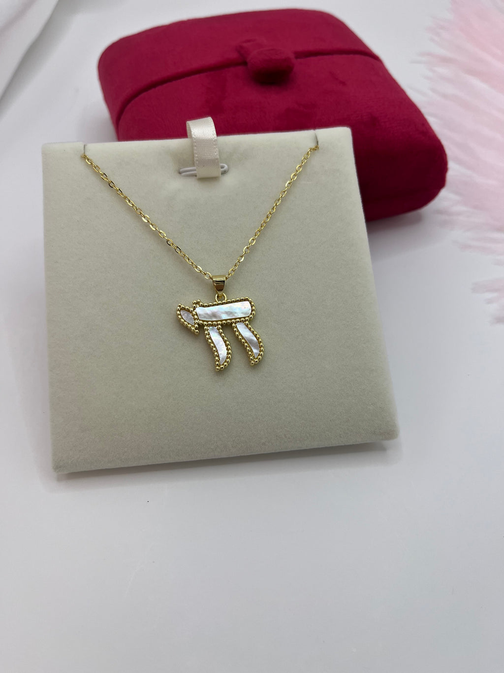 Chai Jewish Necklace – Natural White Shell & 18K Gold Plated Chain, including velvet box