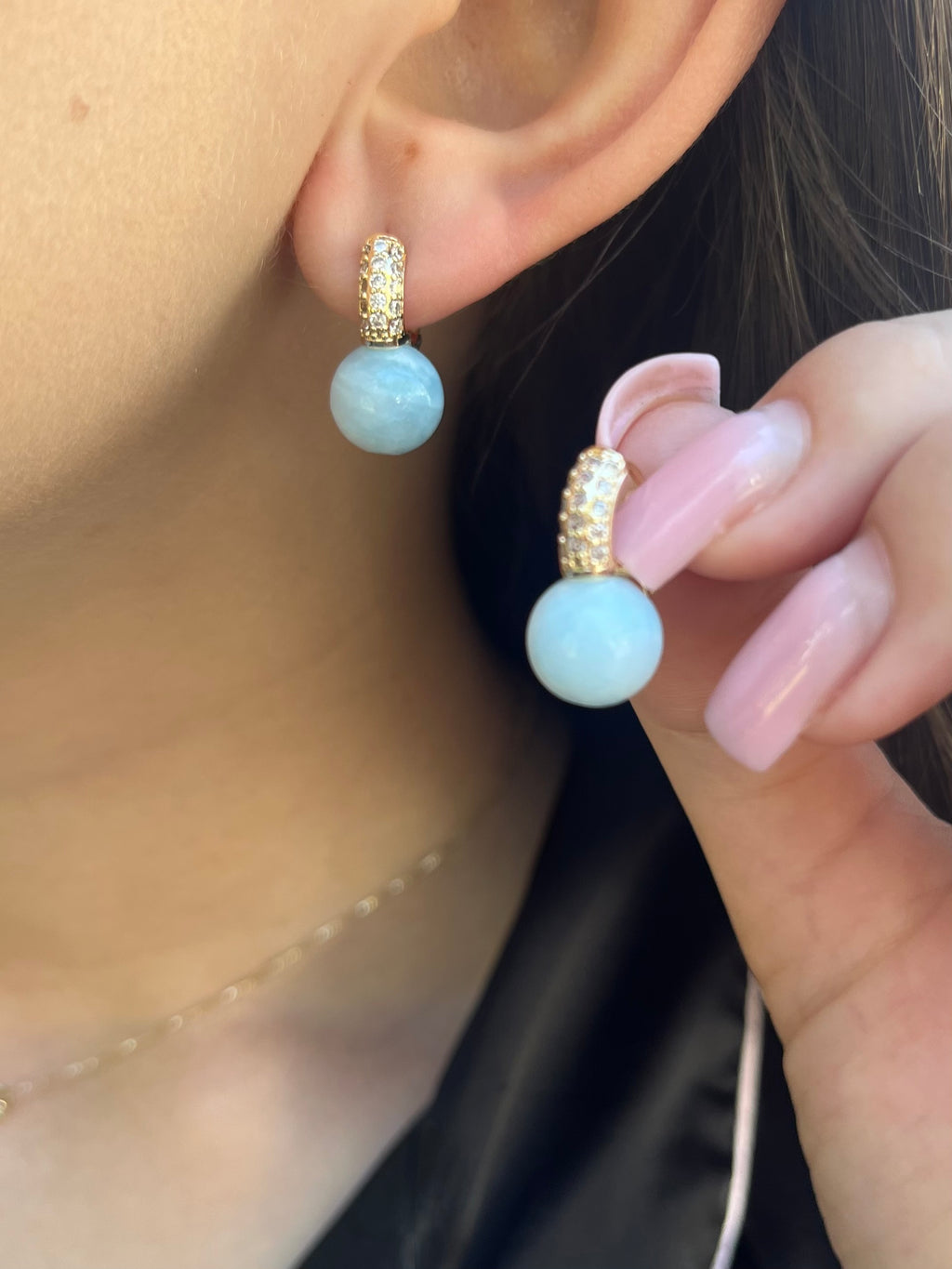 Natural light blue Jade Gold Zirconia Earrings