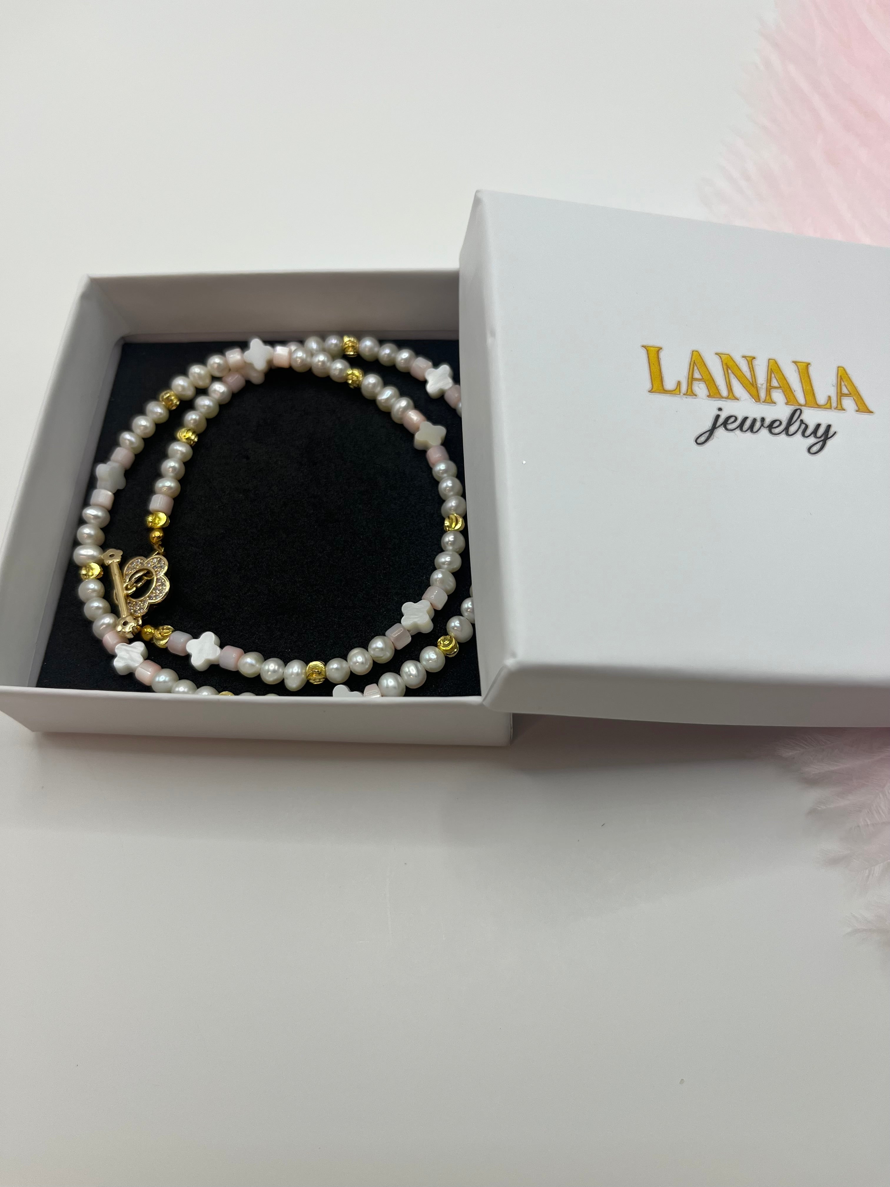 Freshwater Pearl & Shell Necklace with 18K Gold Plated Flower Toggle
