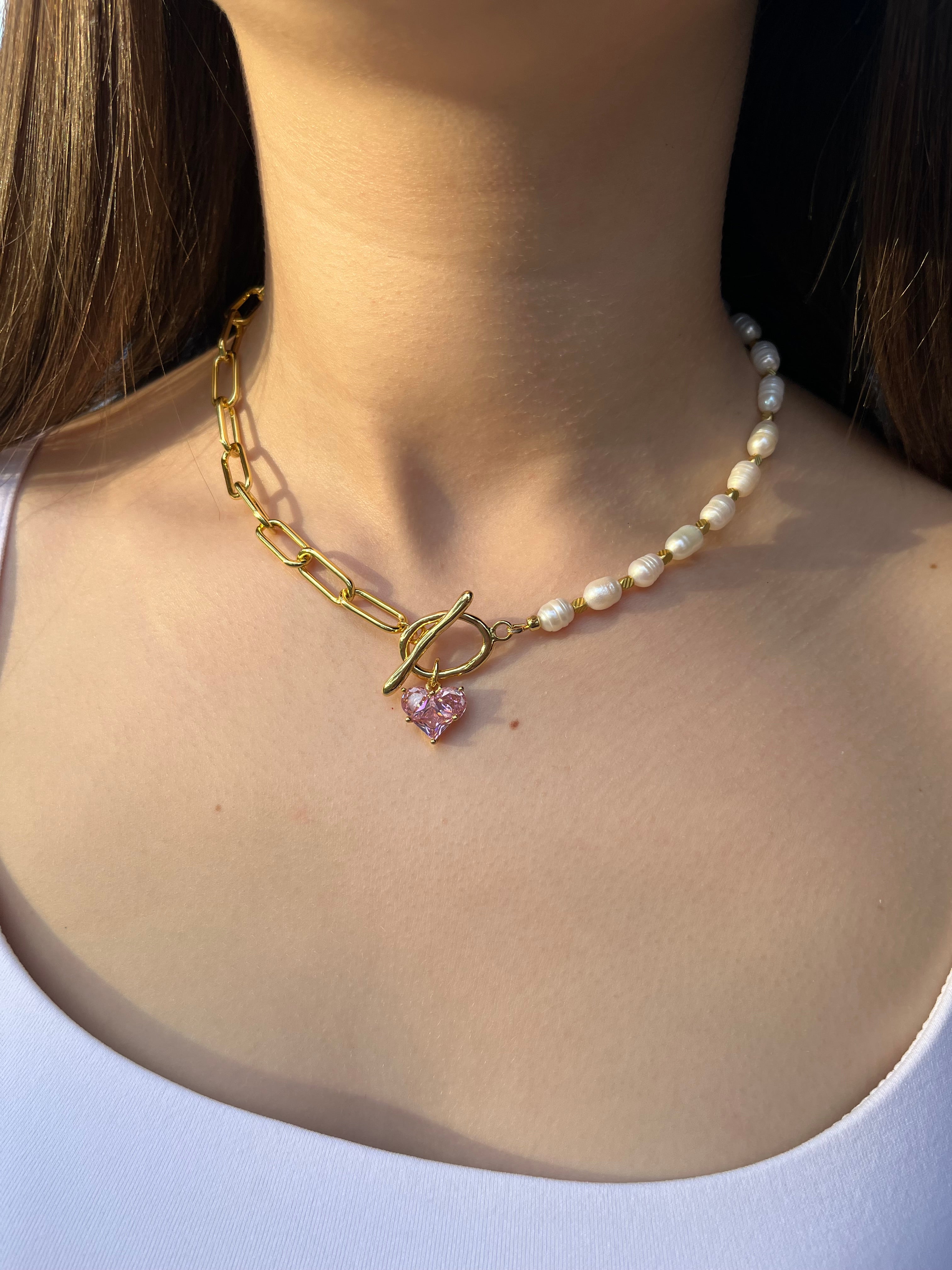 Asymmetrical Pearl Choker Necklace with earrings : 18K Gold Plated