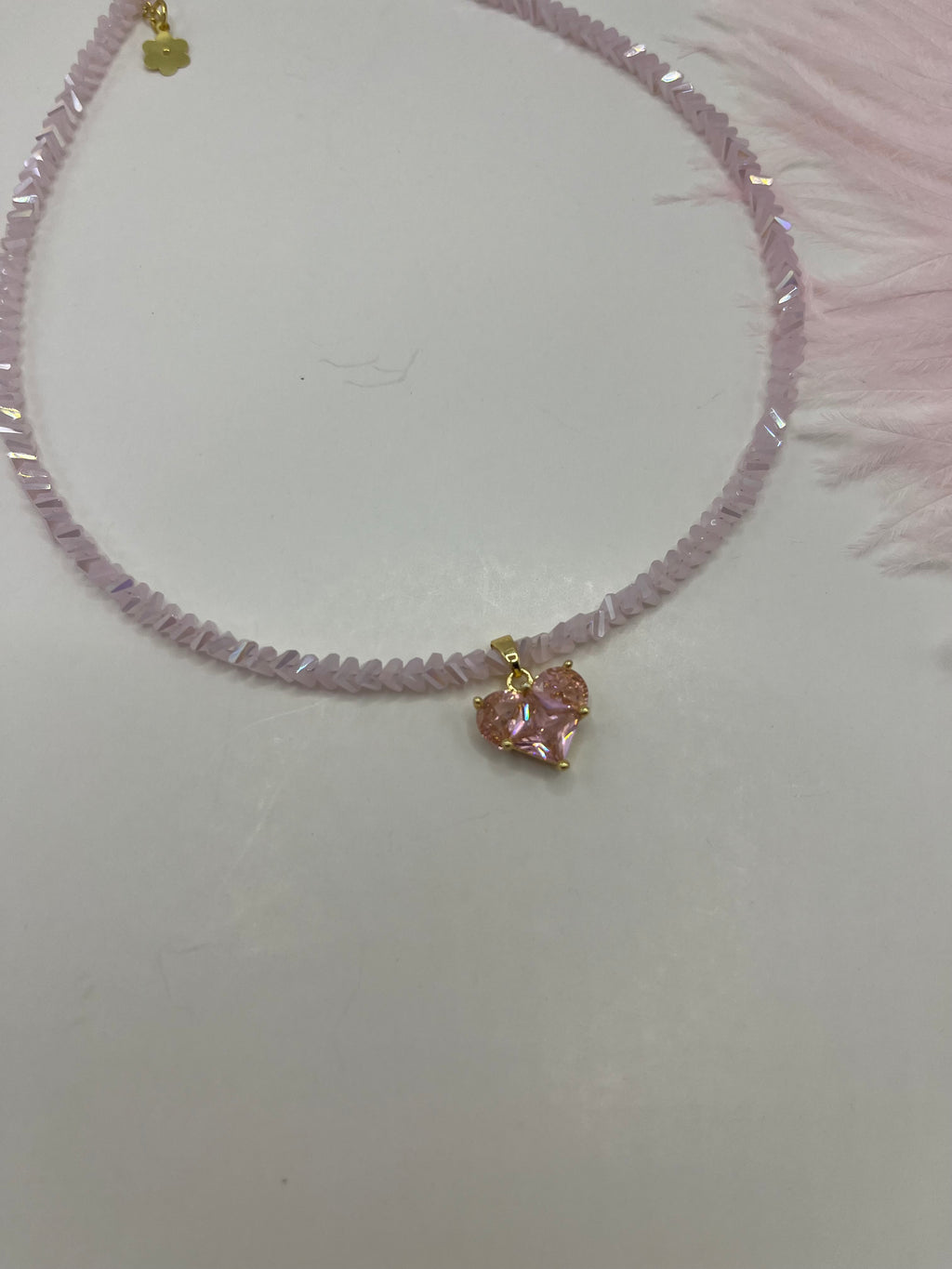 Crystal Pink Glass Bead Choker: 18K Gold Heart Pendant