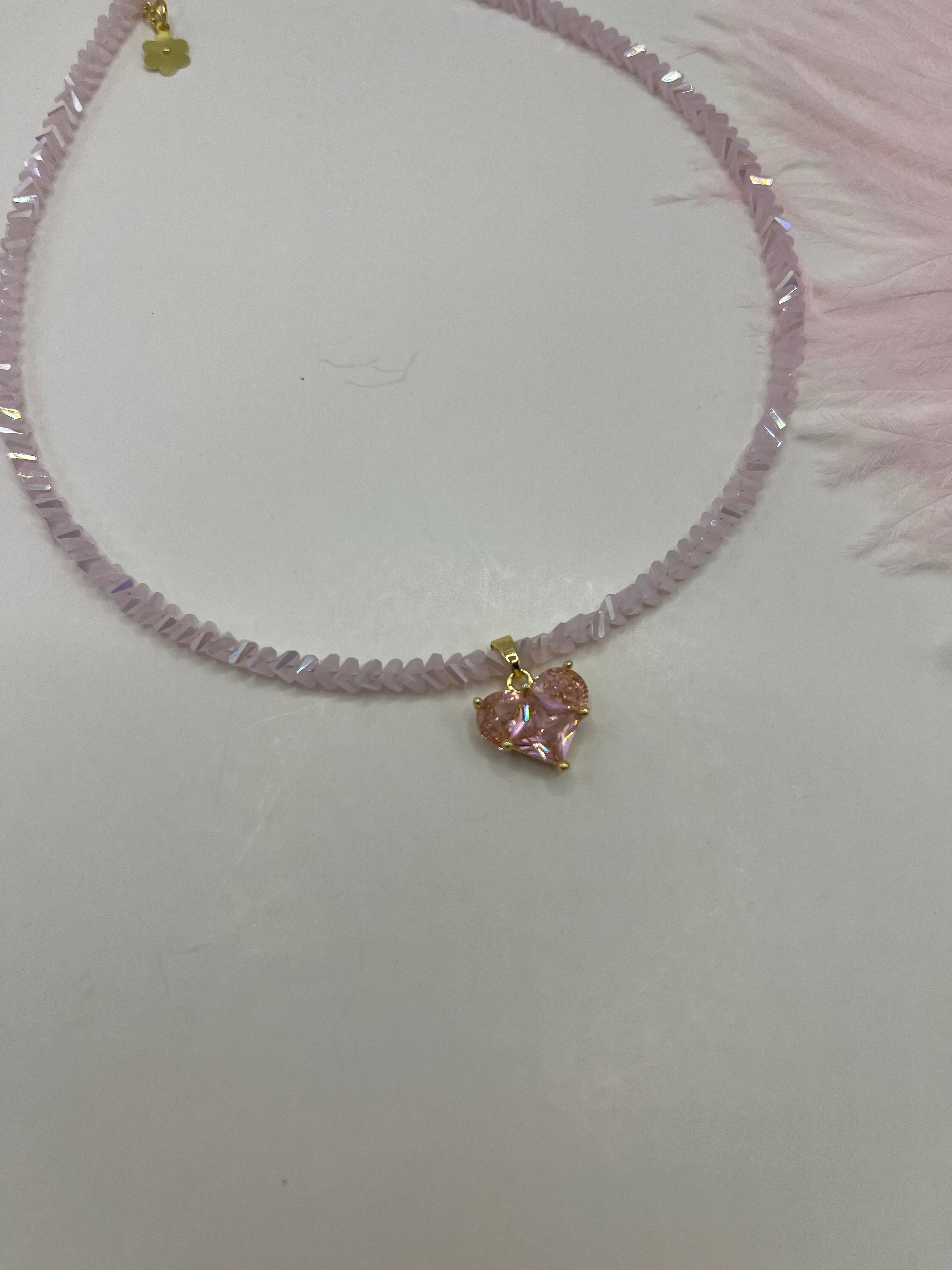 Crystal Pink Glass Bead Choker: 18K Gold Heart Pendant