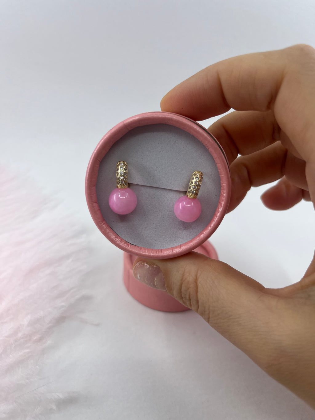 Natural pink Jade Gold Zirconia Earrings