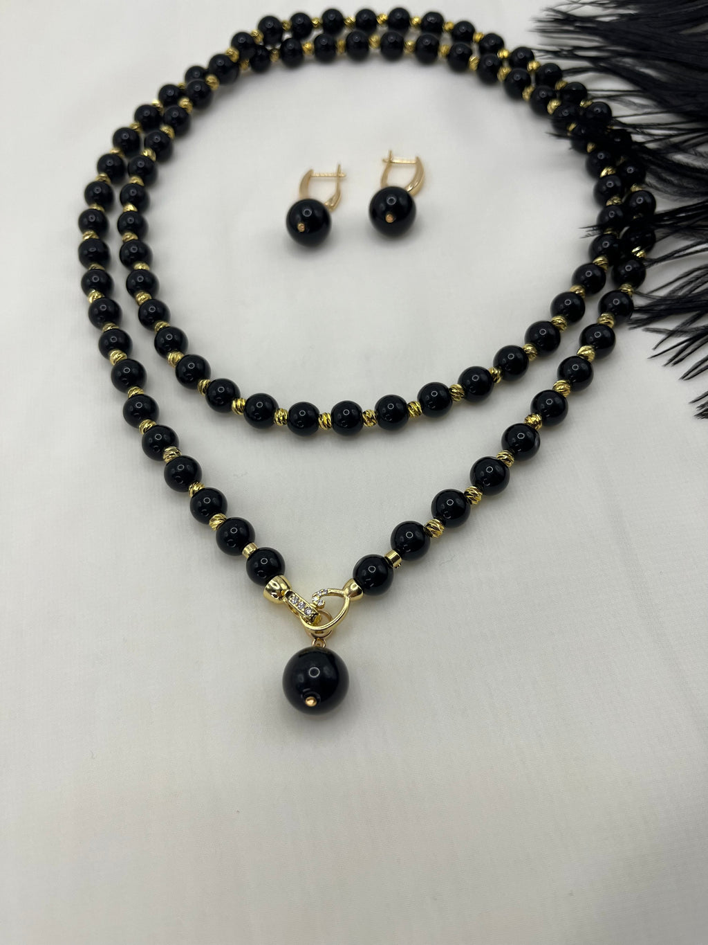 Set: Black Onyx Necklace and Earrings Set: 18K Gold Plated