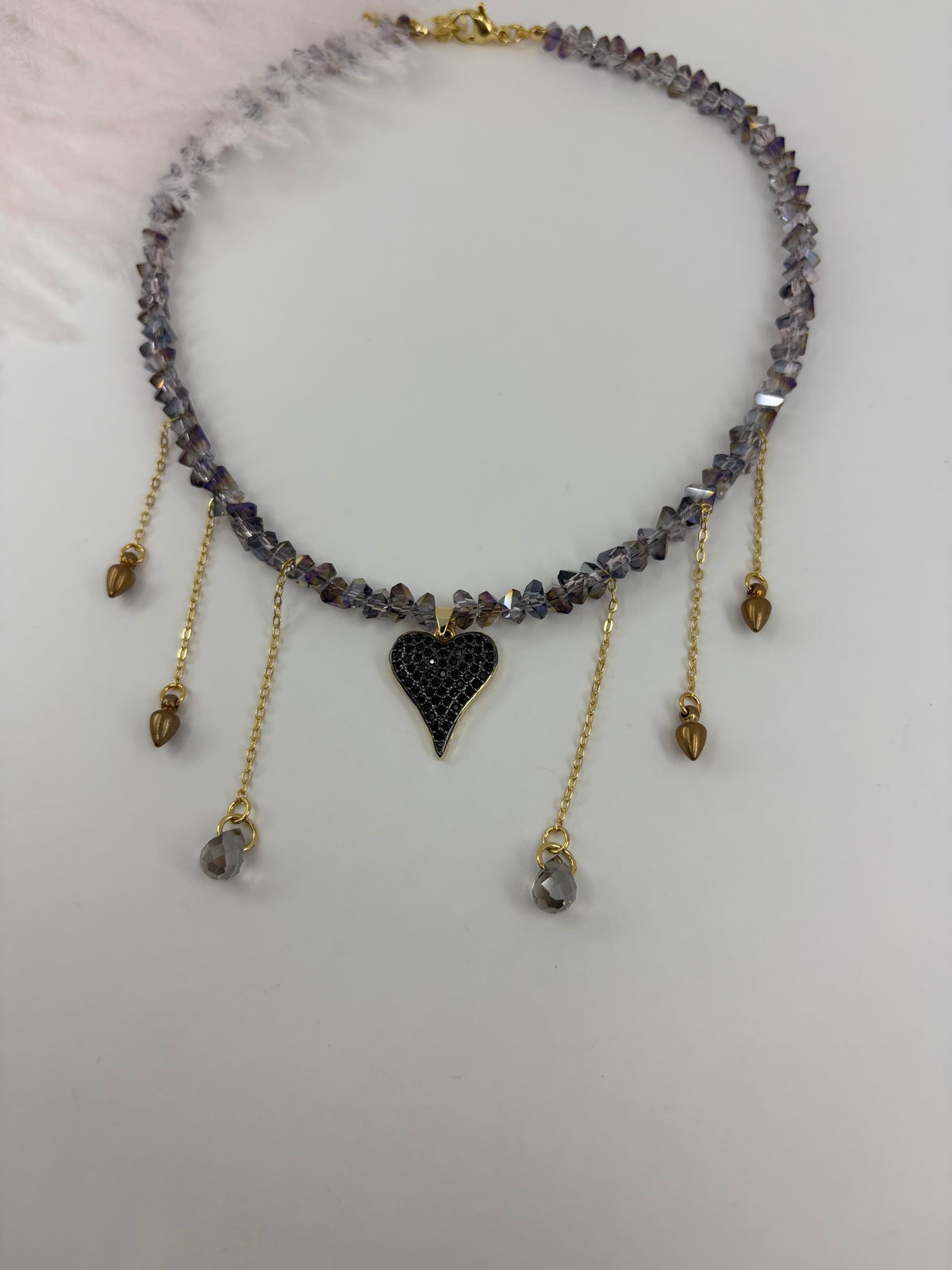 Black Crystal Heart Necklace, 18K Gold Plated