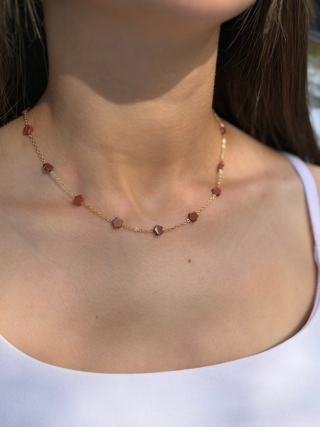 Red Sandstone Flower Necklace: 18K Gold Plated
