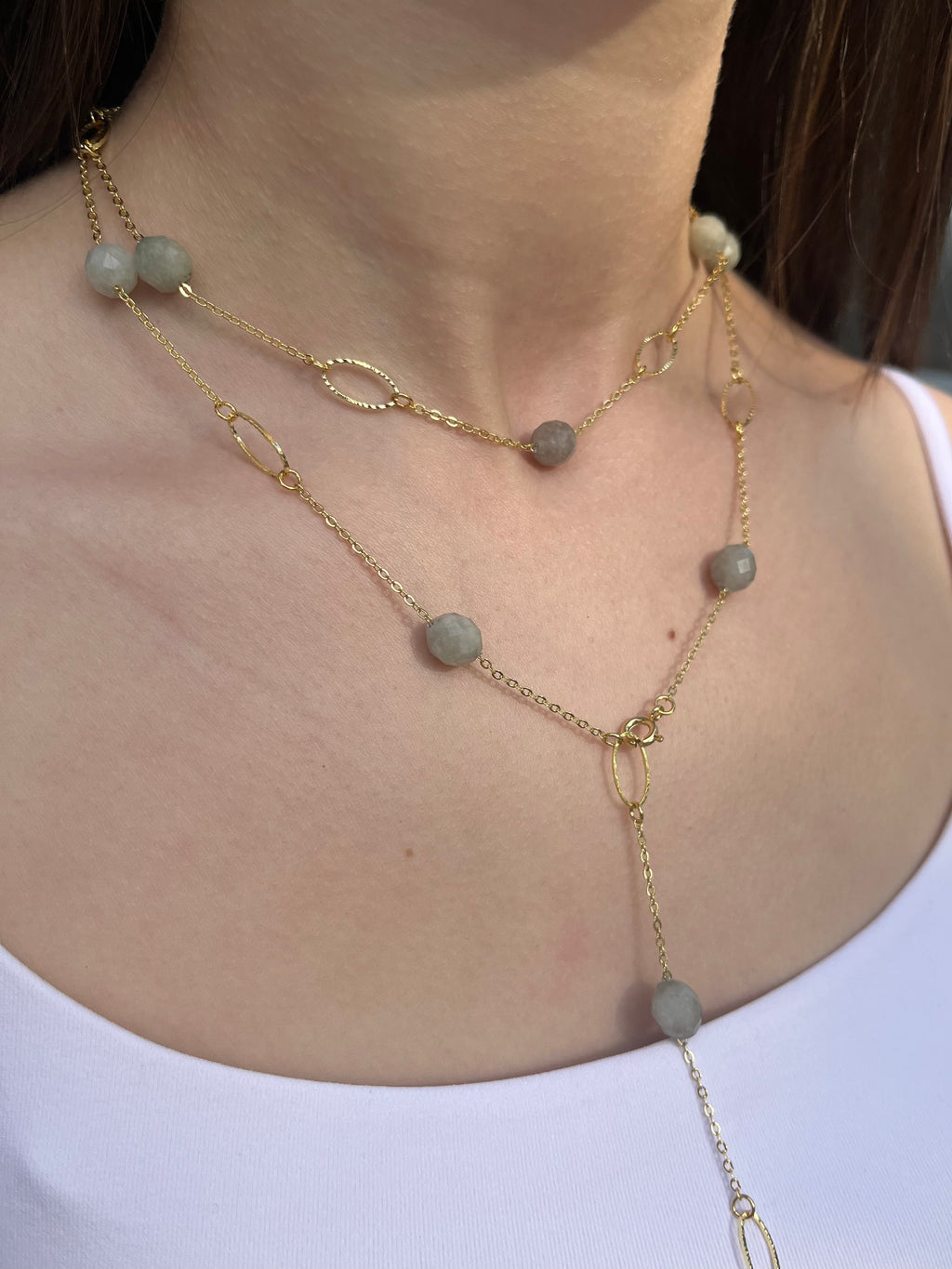 Layered Long Natural Malaysia Jade Necklace with 18K Gold chain