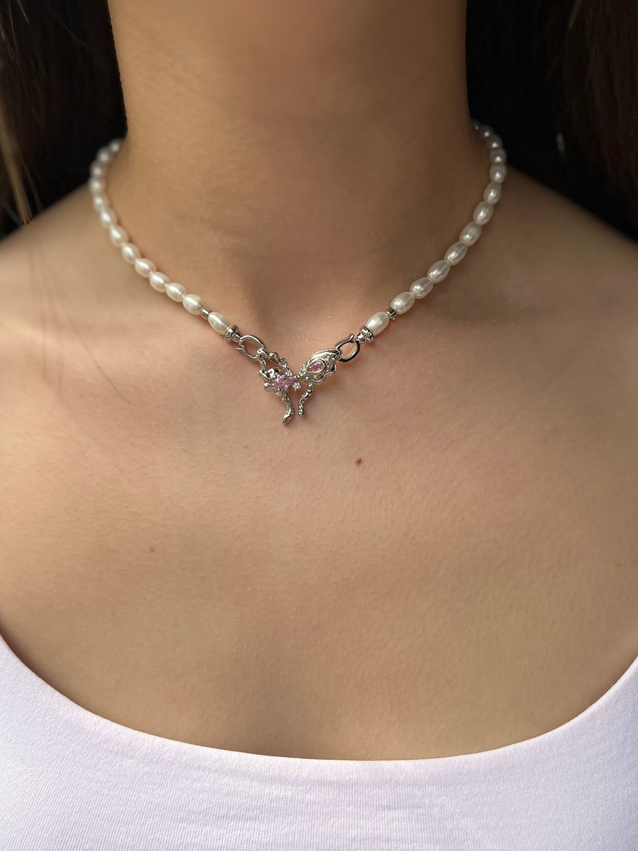 Natural Pearl Necklace with butterfly Clasp