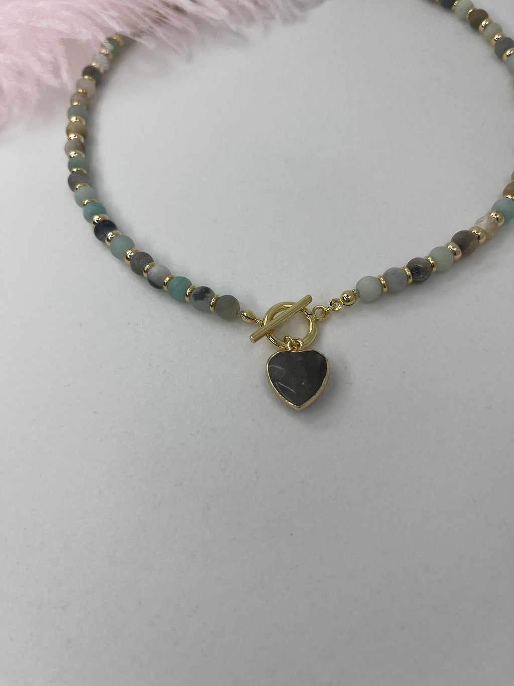 Natural Amazonite Heart Necklace, 18k gold plated clasp