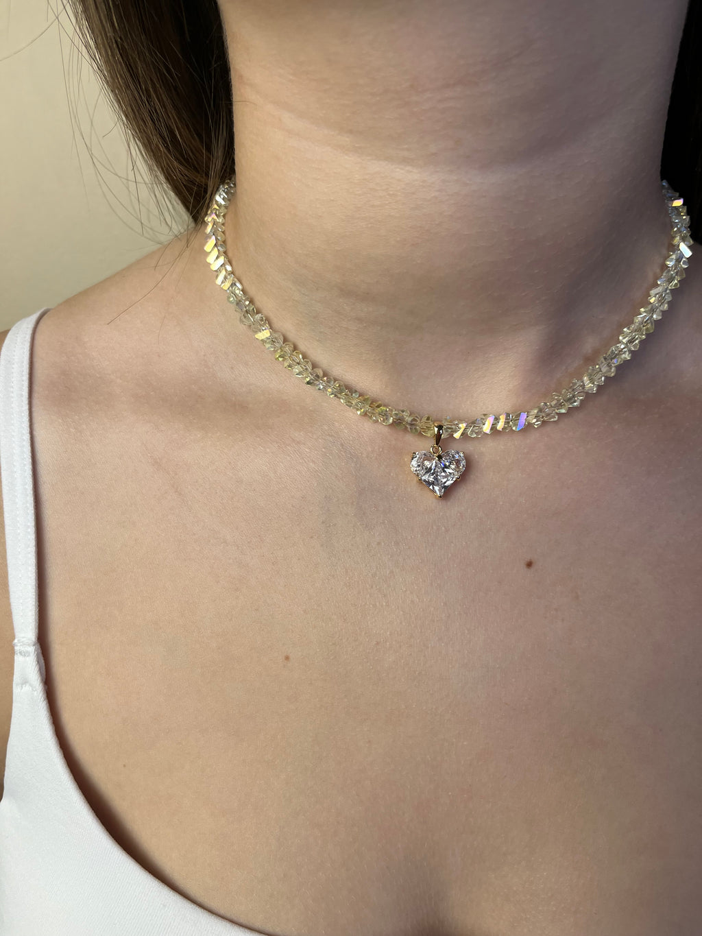 Crystal Glass Bead Choker: 18K Gold Heart Pendant