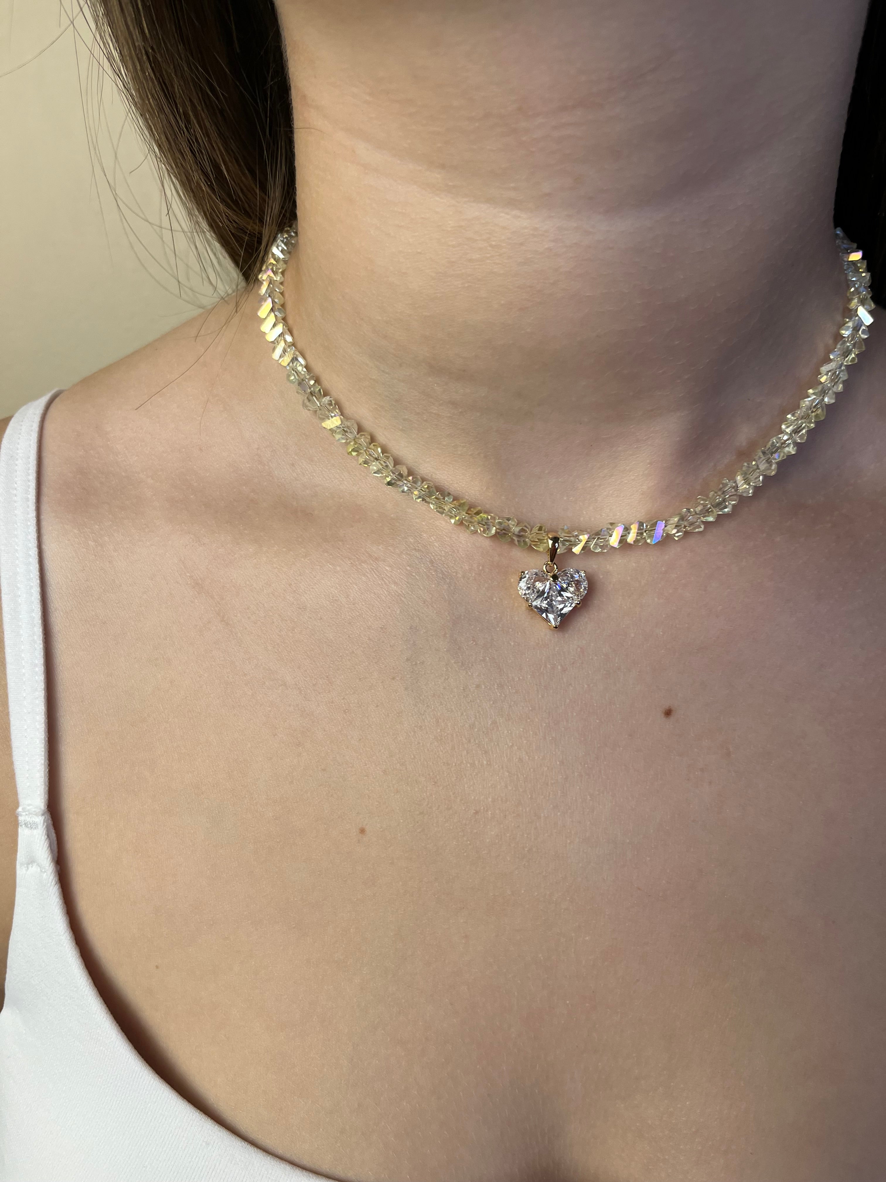 Crystal Glass Bead Choker: 18K Gold Heart Pendant