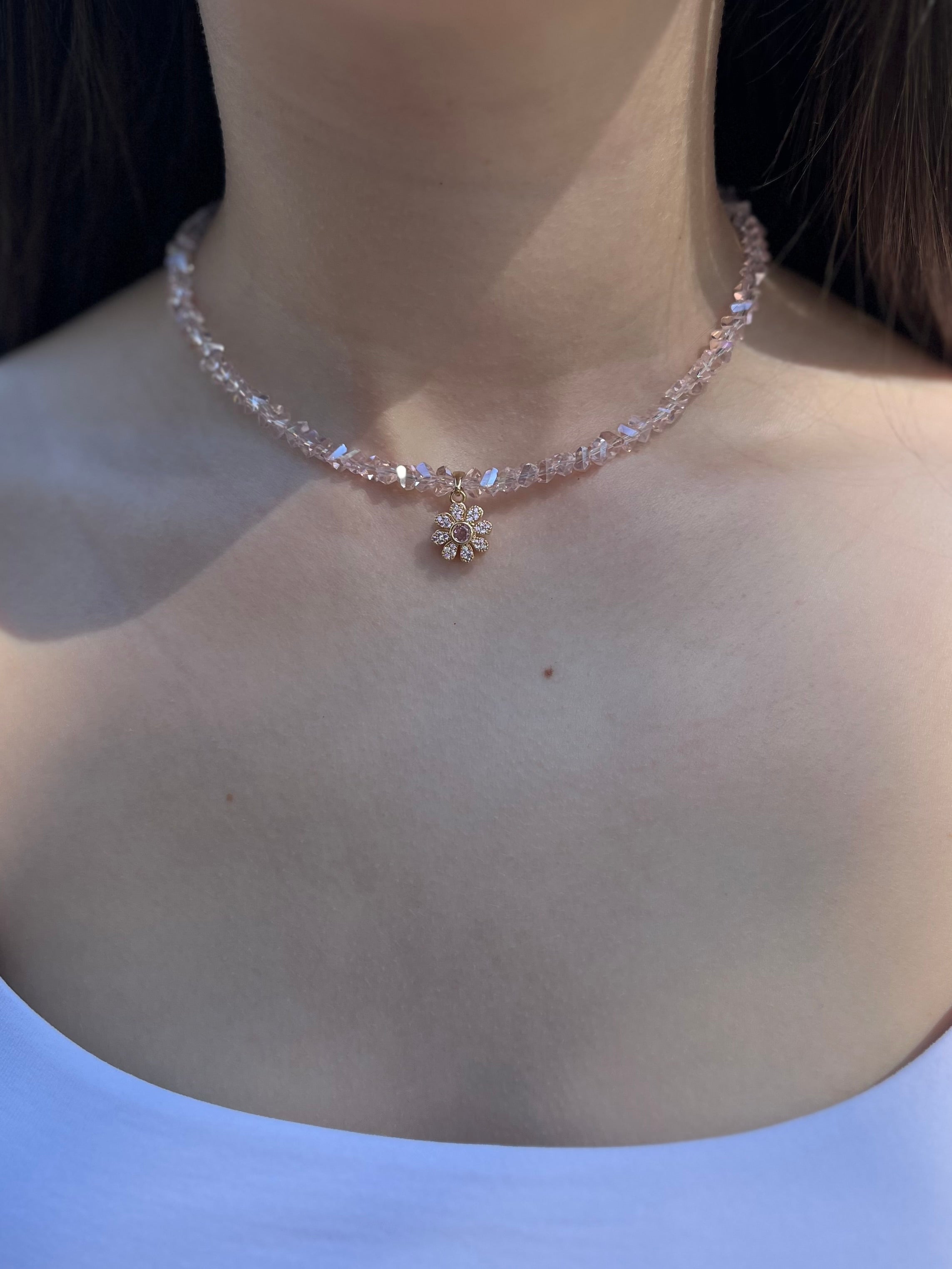 Flower Spinner Crystal Necklace, 18k gold plated