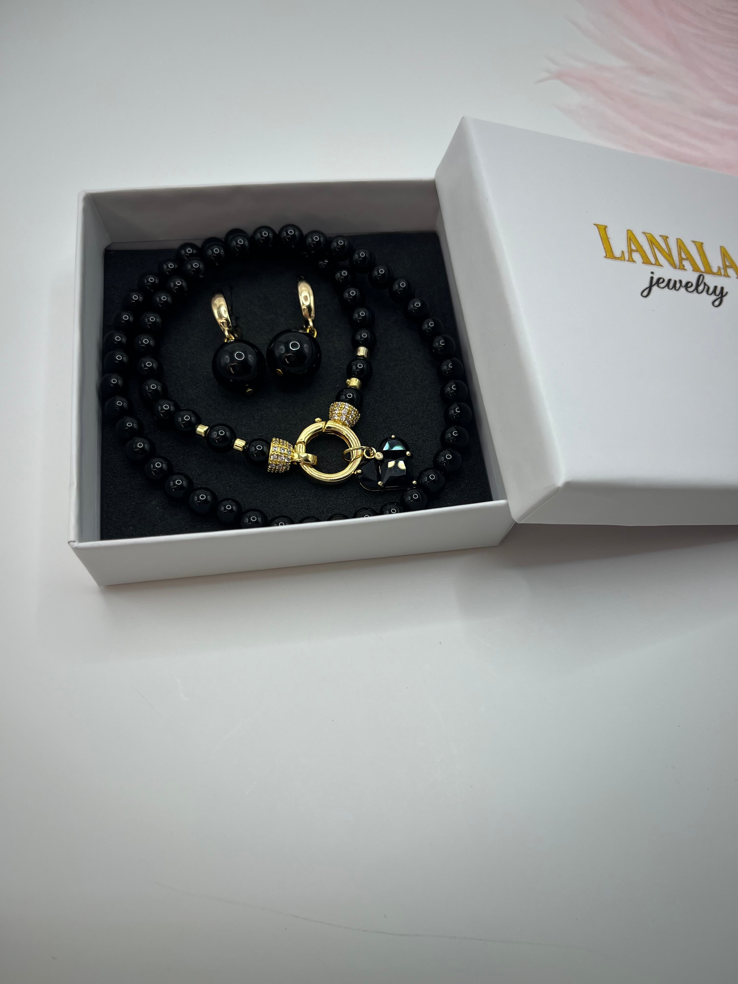 Black Onyx Necklace and Earrings Set – 18K Gold Plated Heart Charm