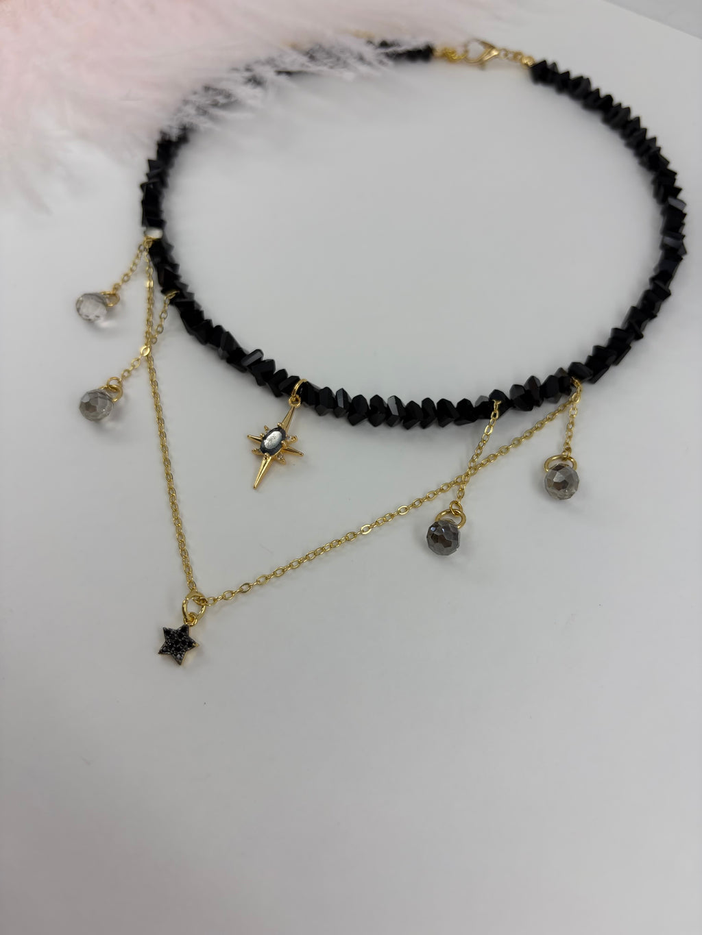 Black Crystal Star Necklace, 18K Gold Plated