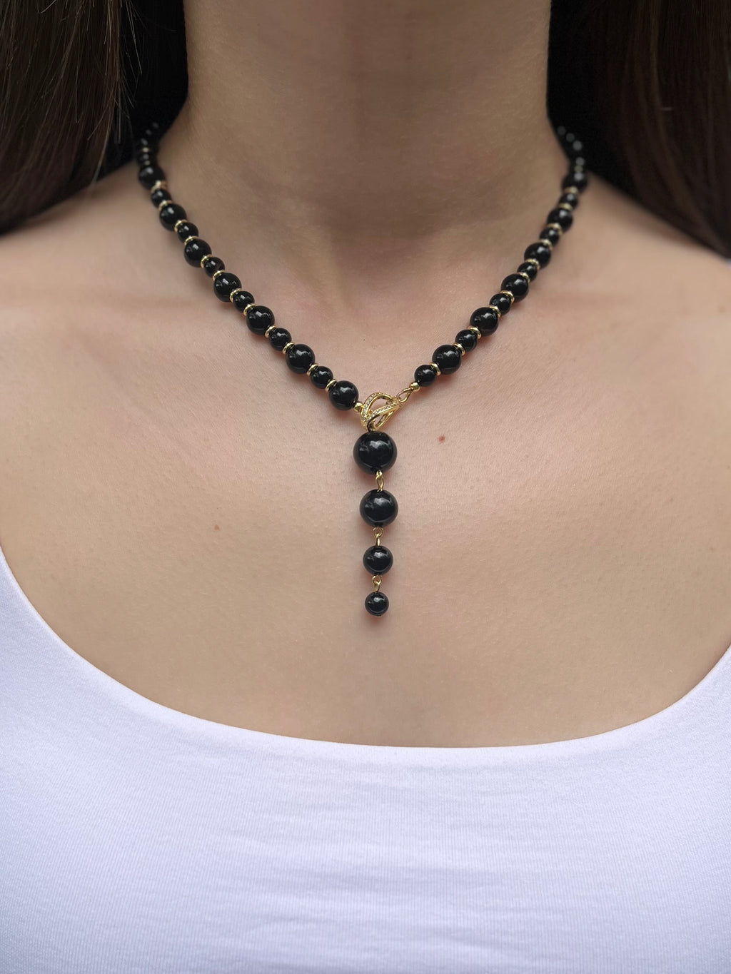 Set: Black Onyx Necklace and Earrings:18K Gold Plated