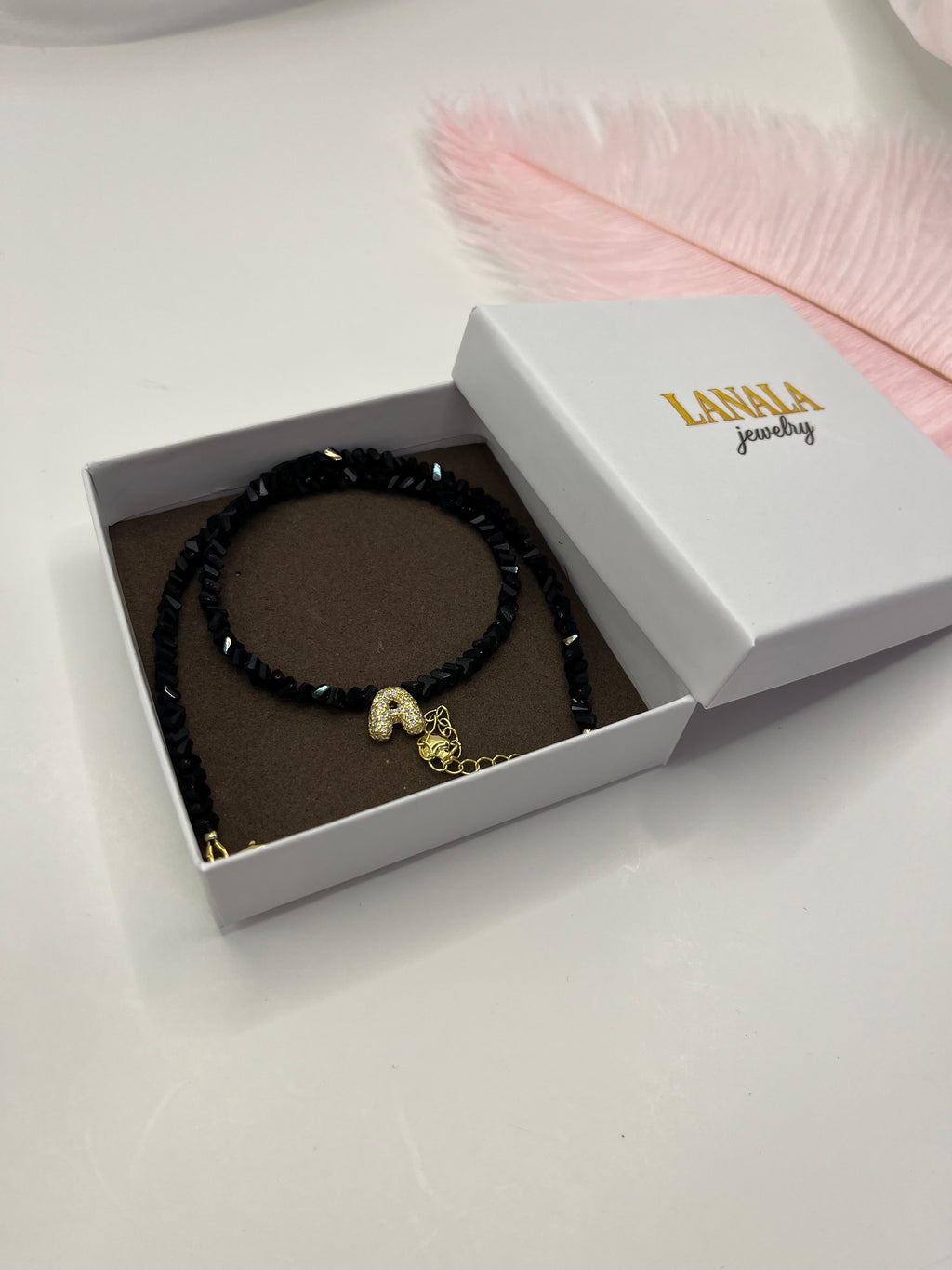 Initial Charm Black Crystal Necklace – 18K Gold Plated, Cubic Zirconia