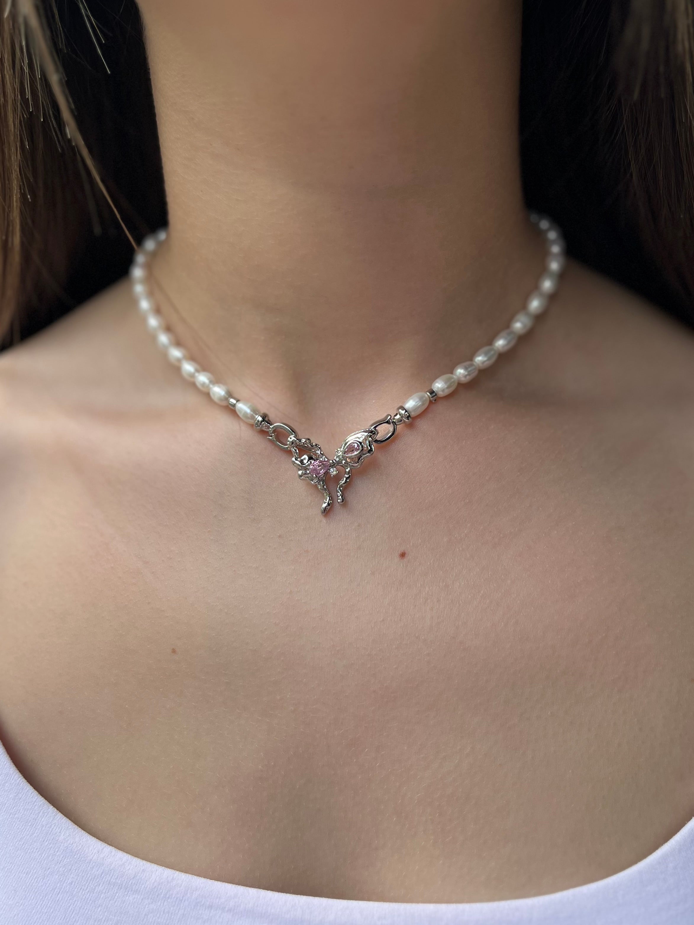 Natural Pearl Necklace with butterfly Clasp