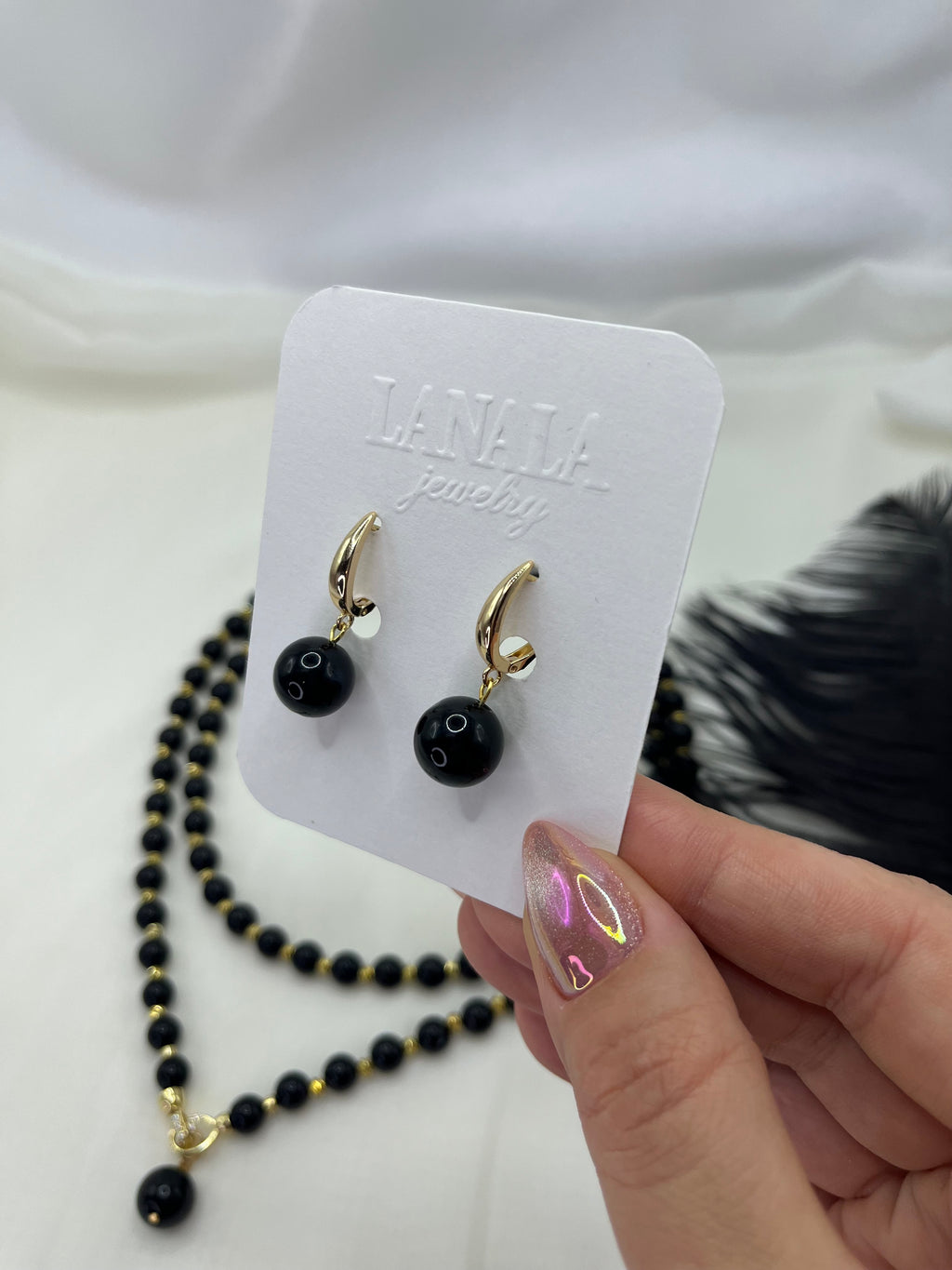 Set: Black Onyx Necklace and Earrings Set: 18K Gold Plated