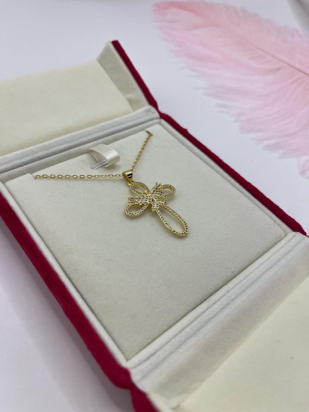 Cross with bird Necklace, Real 18K Gold Plated