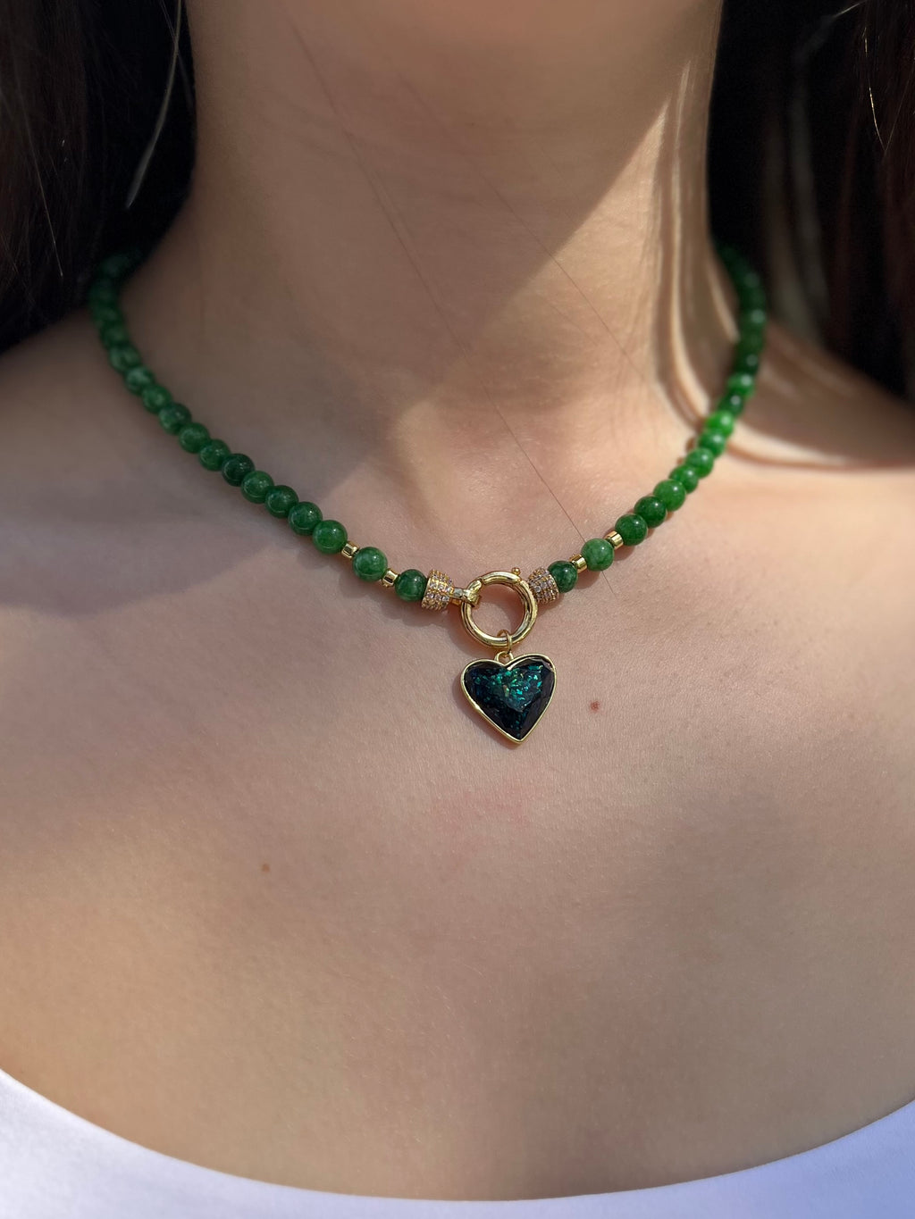 Natural Green Jade Necklace with Heart Pendant
