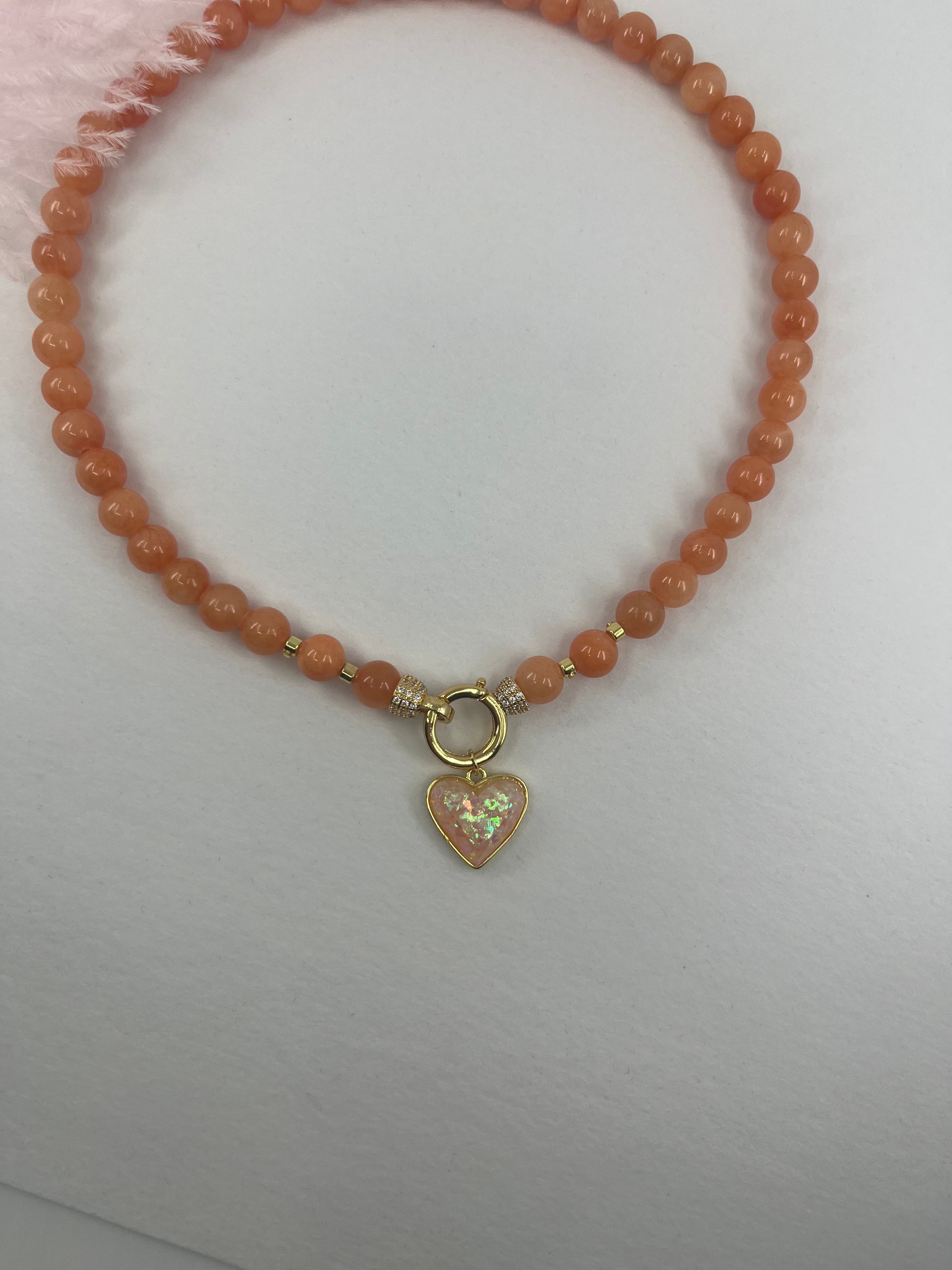 Natural Coral Jade Necklace with Heart Pendant