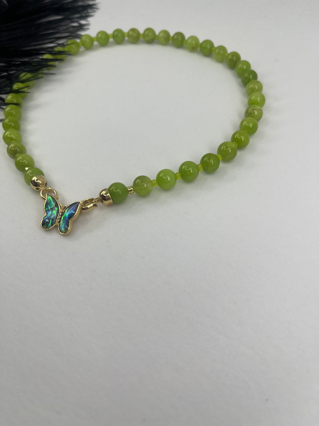 Natural Light Green Jade Necklace with 18K Gold Butterfly Clasp