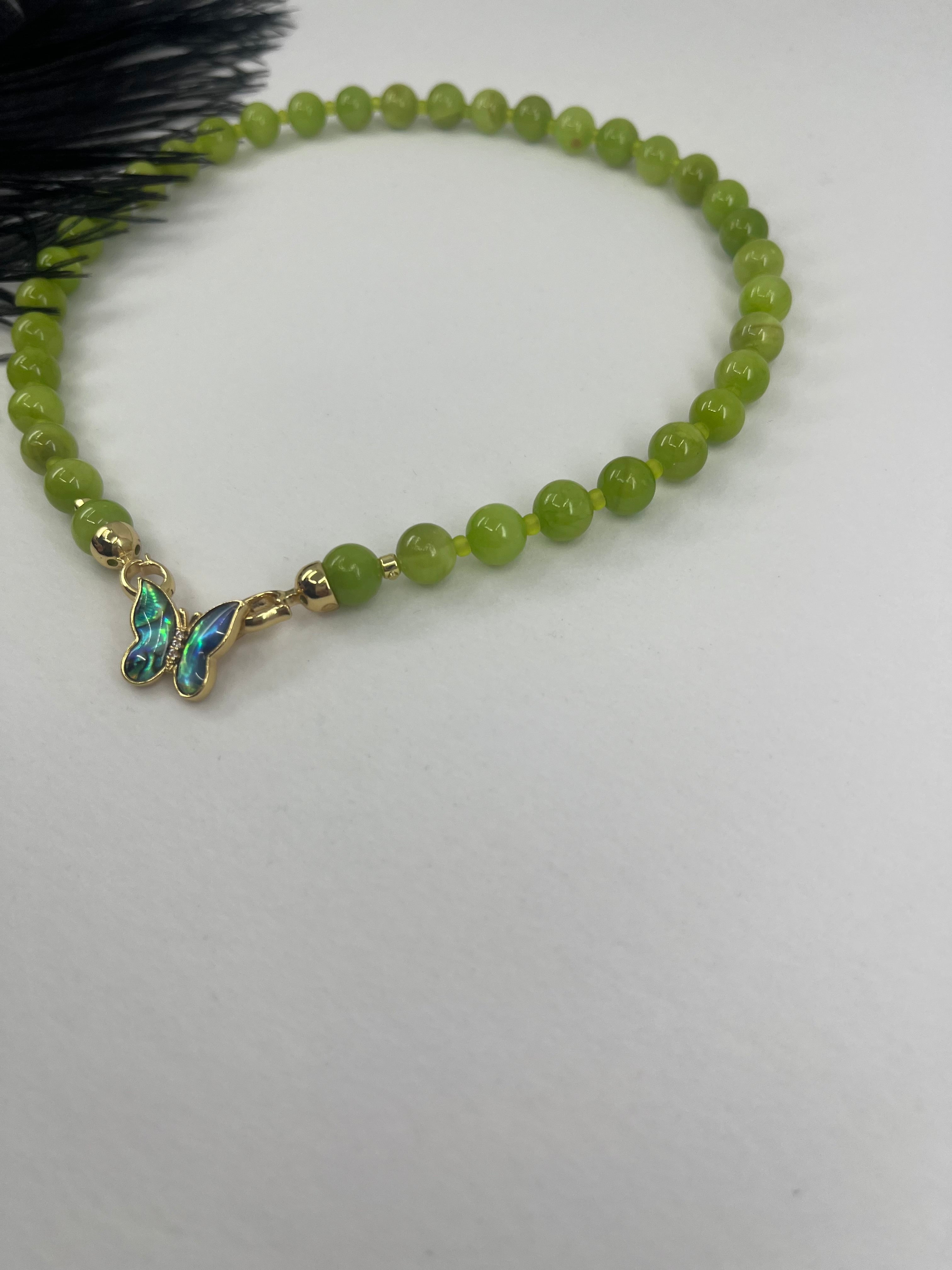 Natural Light Green Jade Necklace with 18K Gold Butterfly Clasp