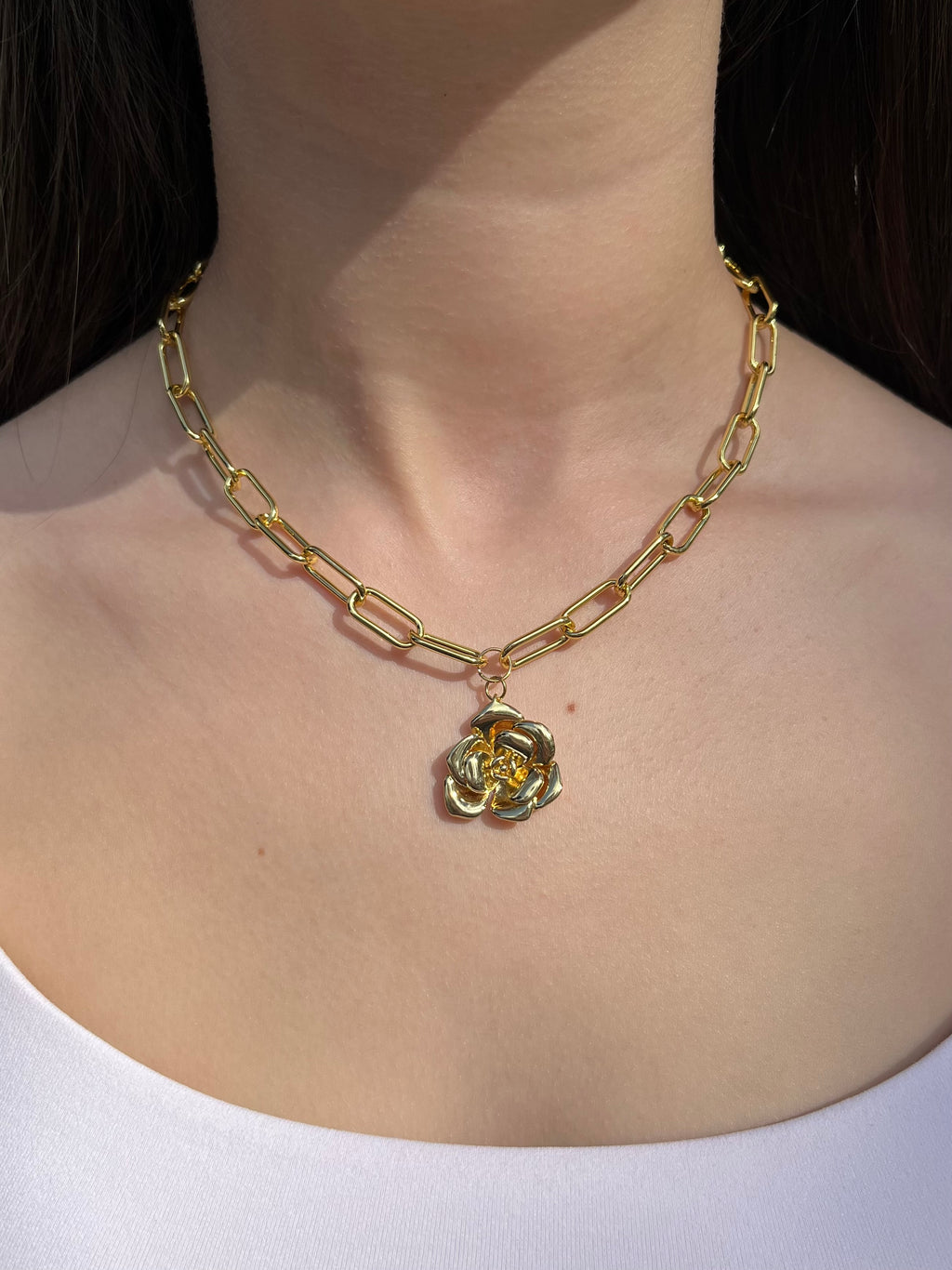 18K Gold Chunky Chain Necklace with rose