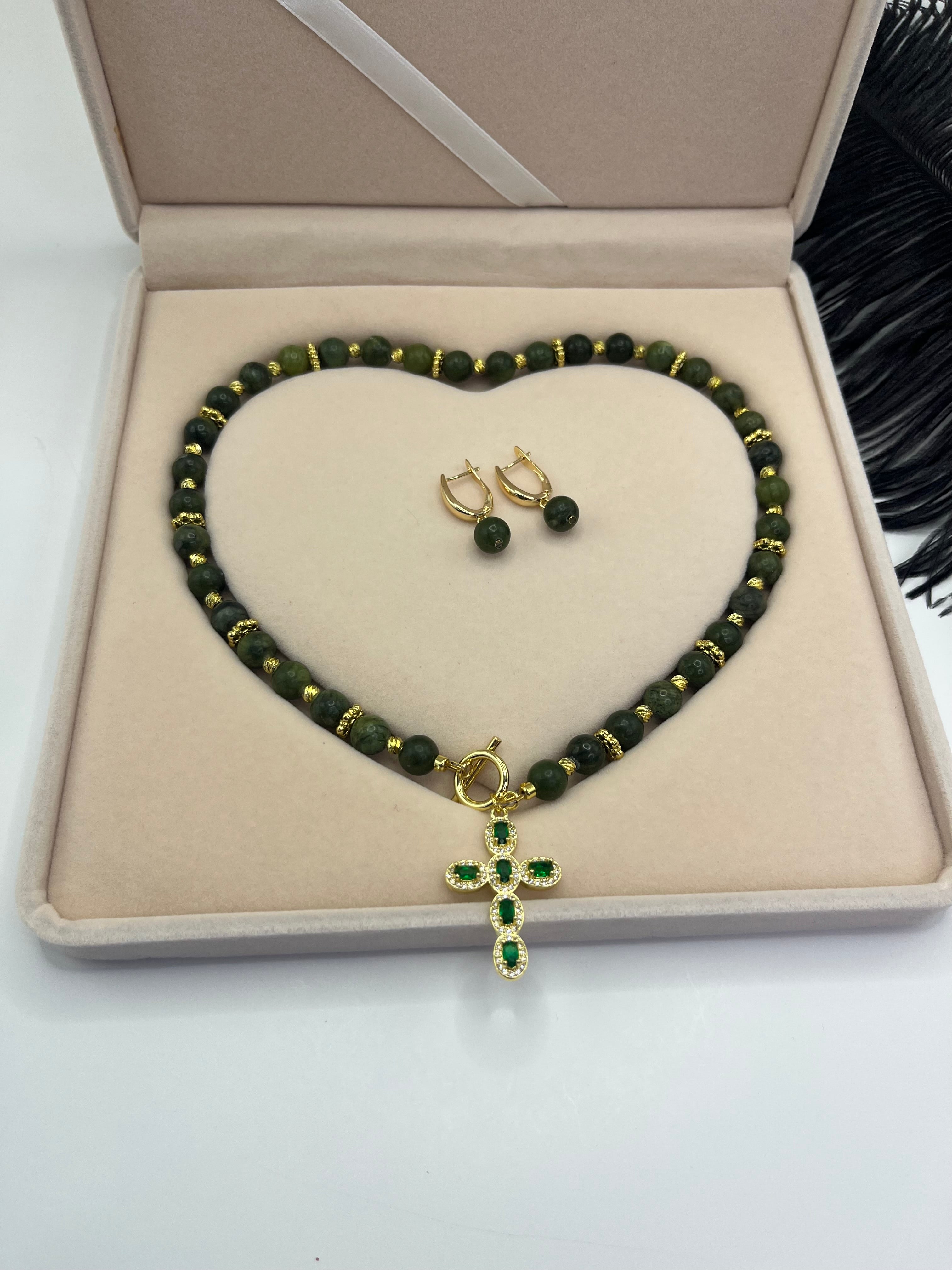 Set: Natural Taiwan Jade Necklace with Zirconia Cross 18K Gold plated