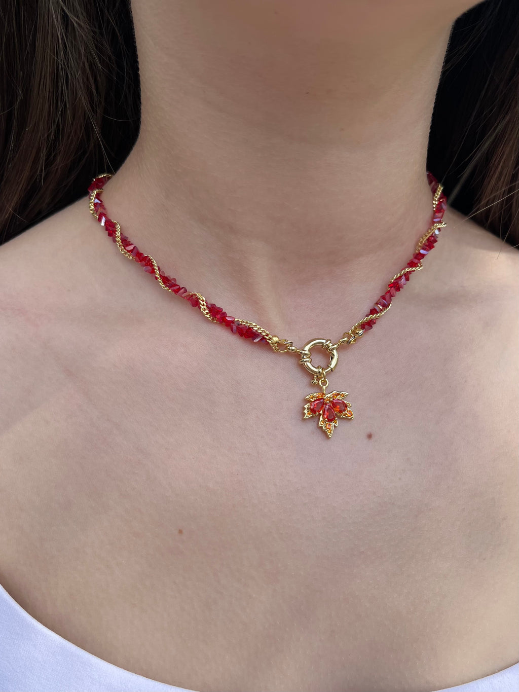 Crystal Red Necklace: 18K Gold Pendant Maple Leaf