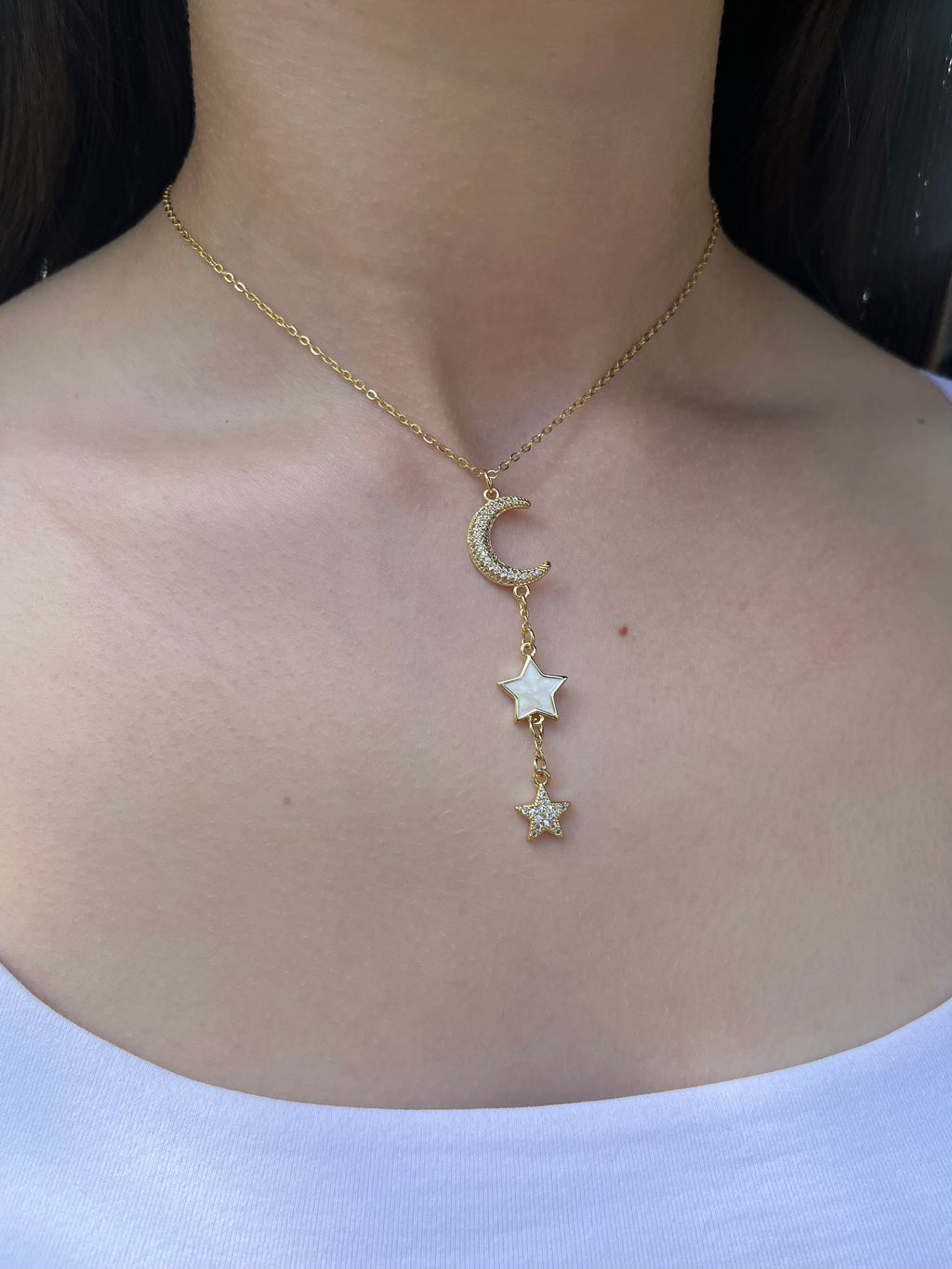 Zirconia Star and Moon Choker Necklace, Real 18K Gold Plated