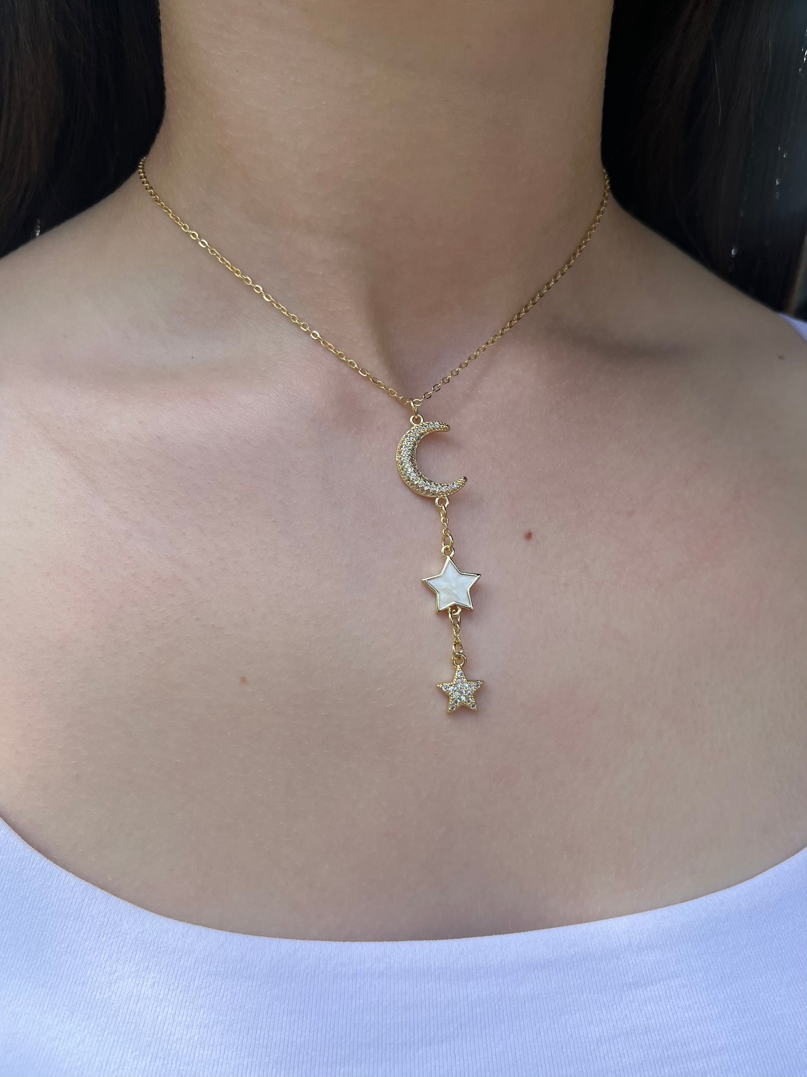 Zirconia Star and Moon Choker Necklace, Real 18K Gold Plated