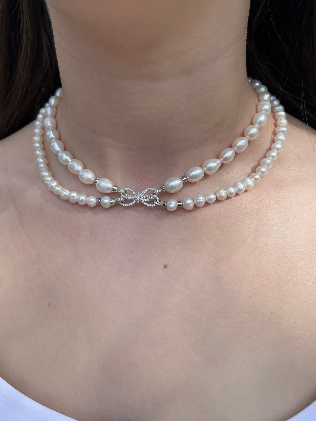 Layered Natural Pearl Necklace with 925 Sterling Silver Bowknot Clasp, Gift Box