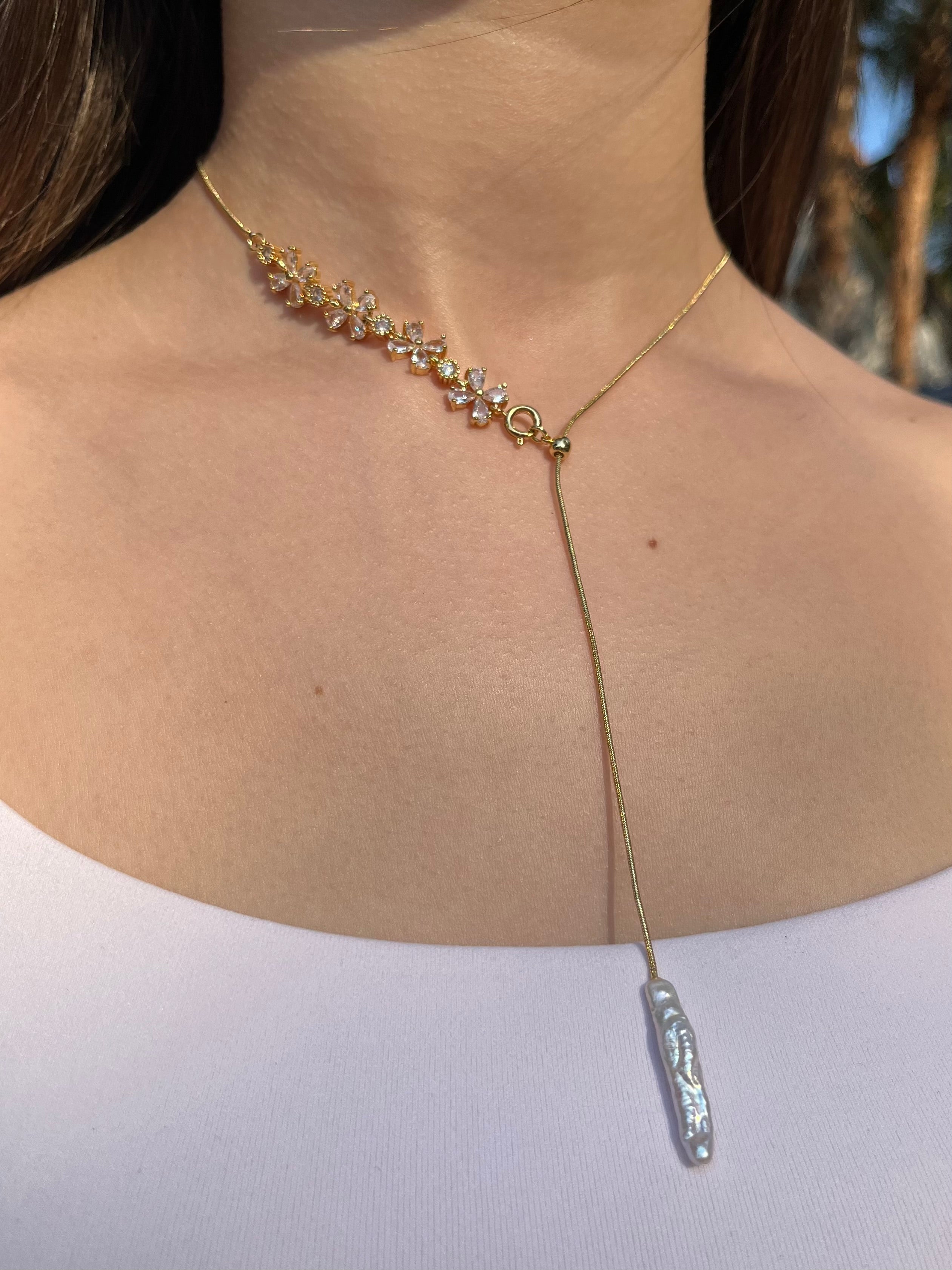 Baroque Pearl and zirconia Y-Necklace, 18k gold plated