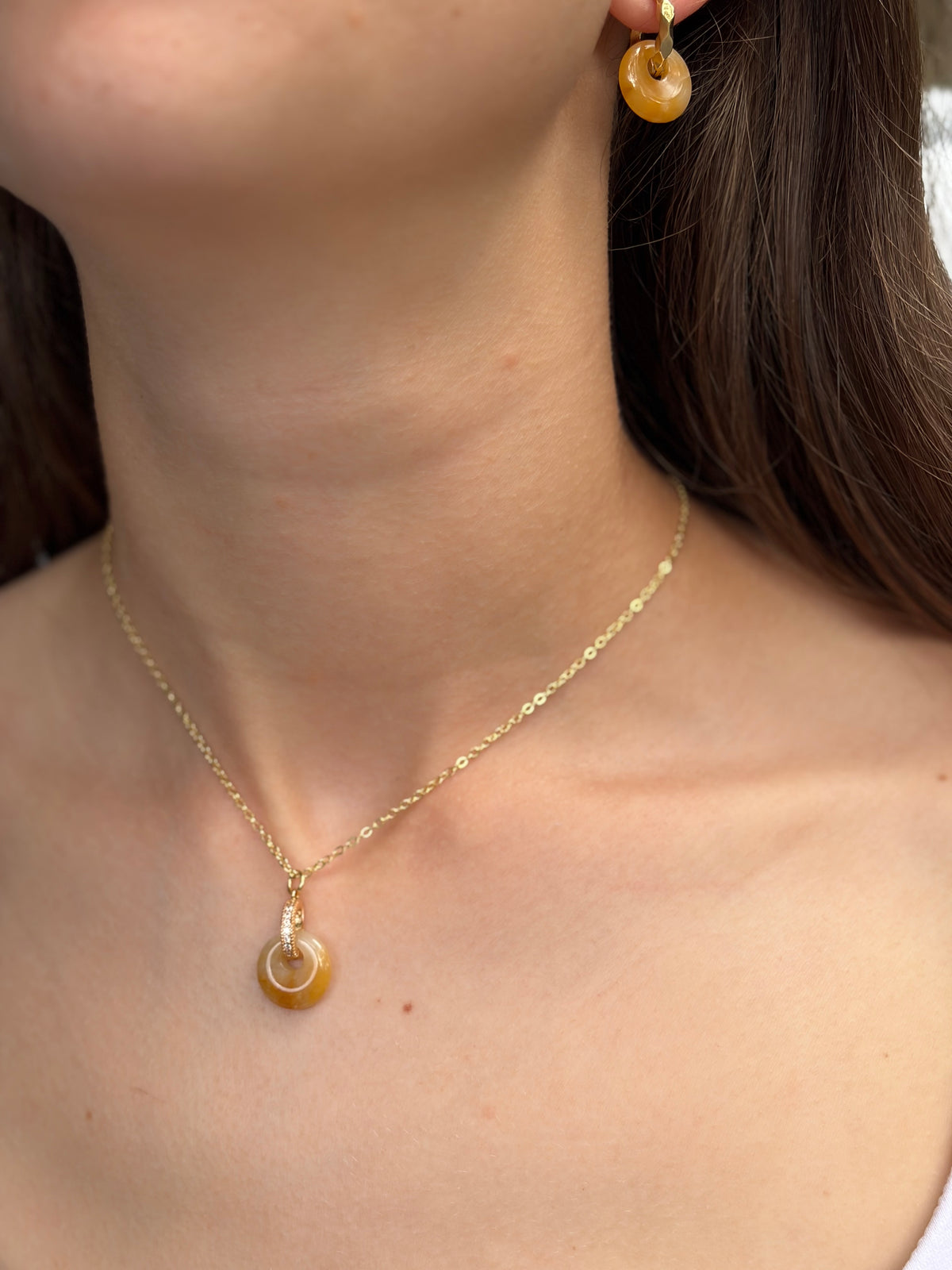 Yellow Jade Donut Earrings and Necklace, 18K Gold Plated