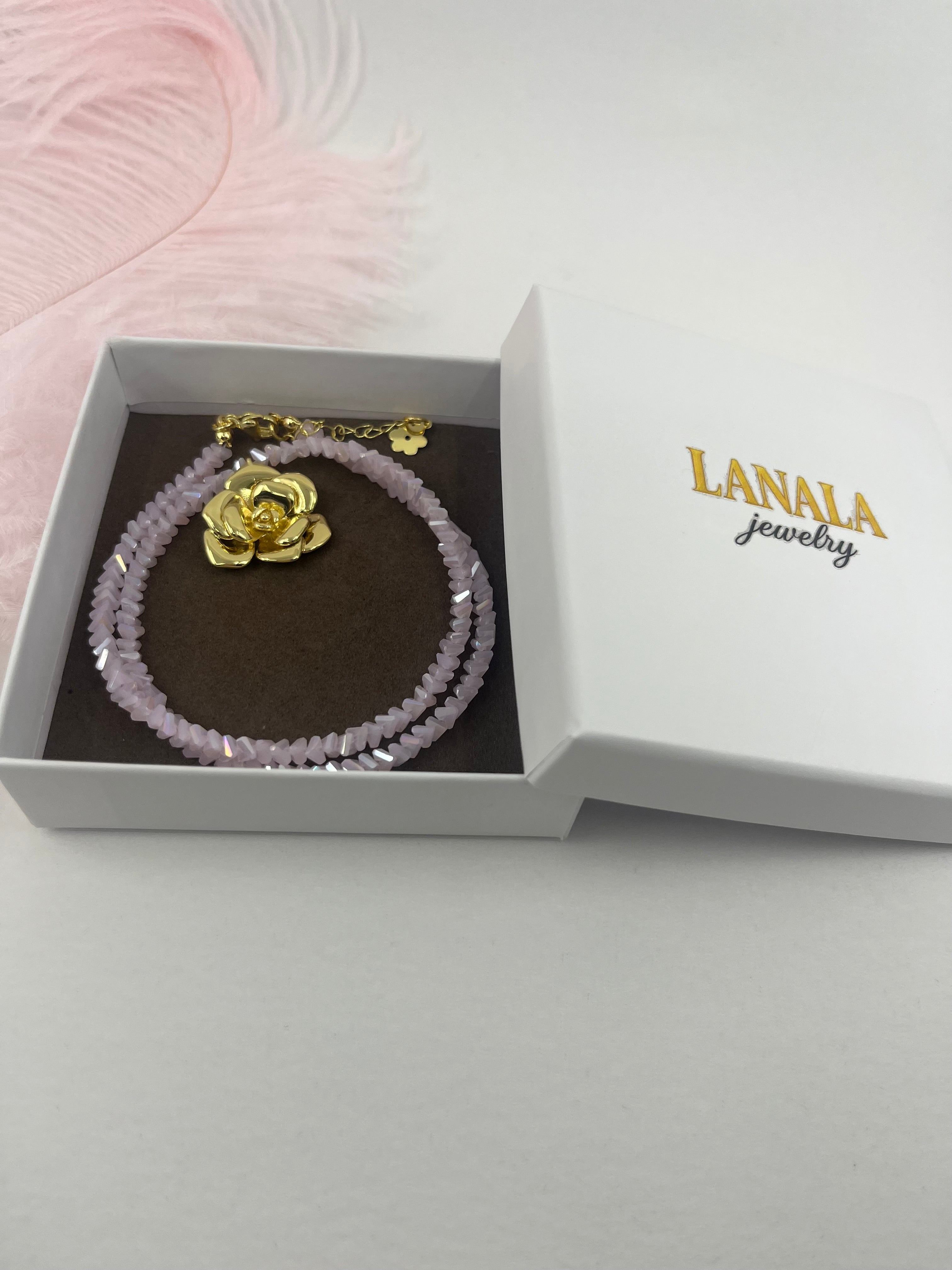 Crystal Pink Glass Bead Choker: 18K Gold Rose Pendant