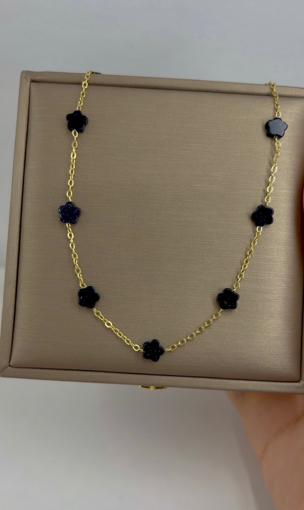 Black Blue Goldstone Flower Necklace: 18K Gold Plated