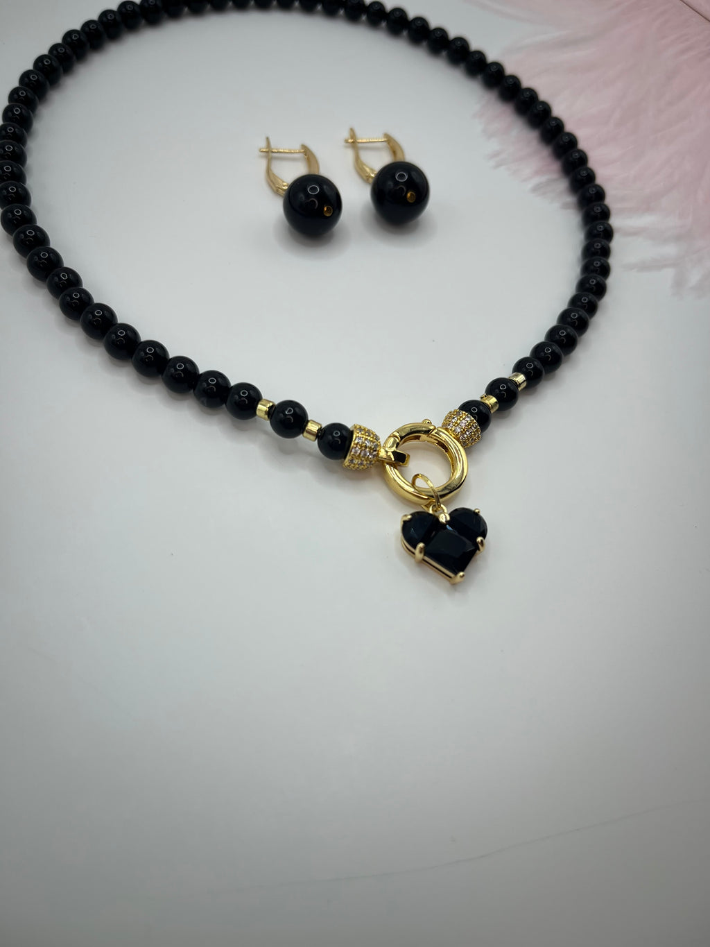 Black Onyx Necklace and Earrings Set – 18K Gold Plated Heart Charm