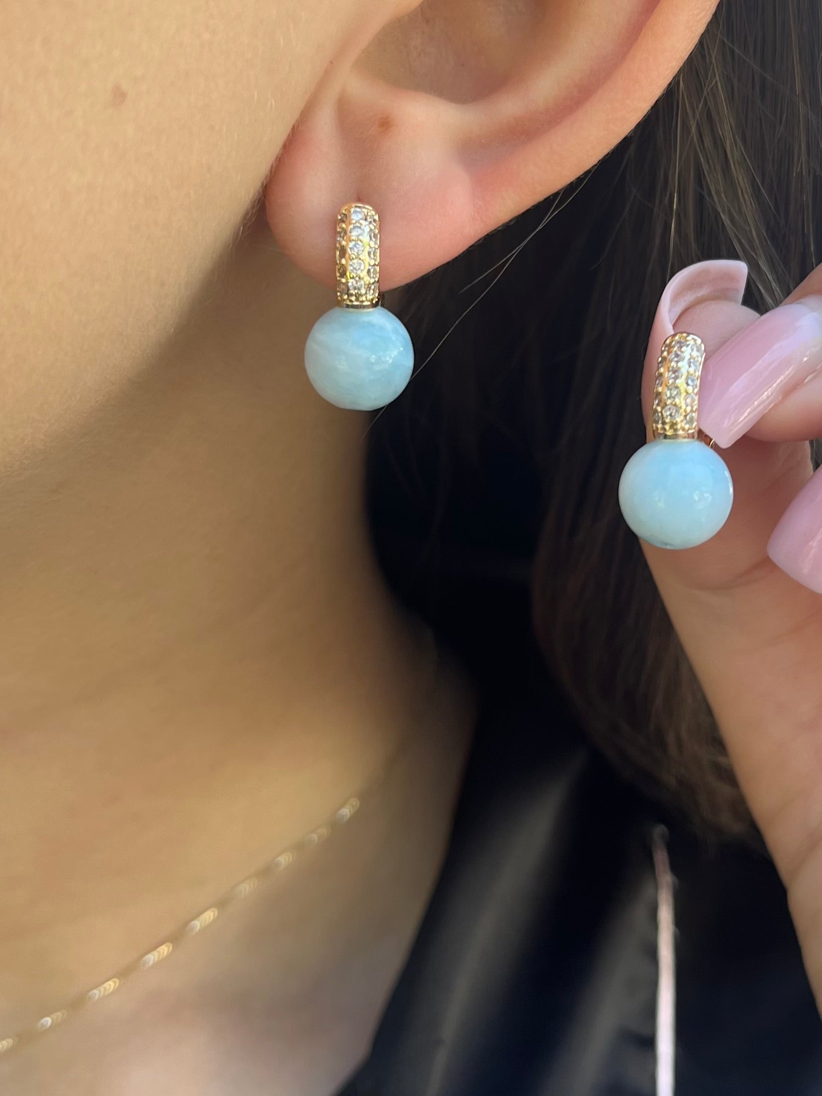 Natural light blue Jade Gold Zirconia Earrings