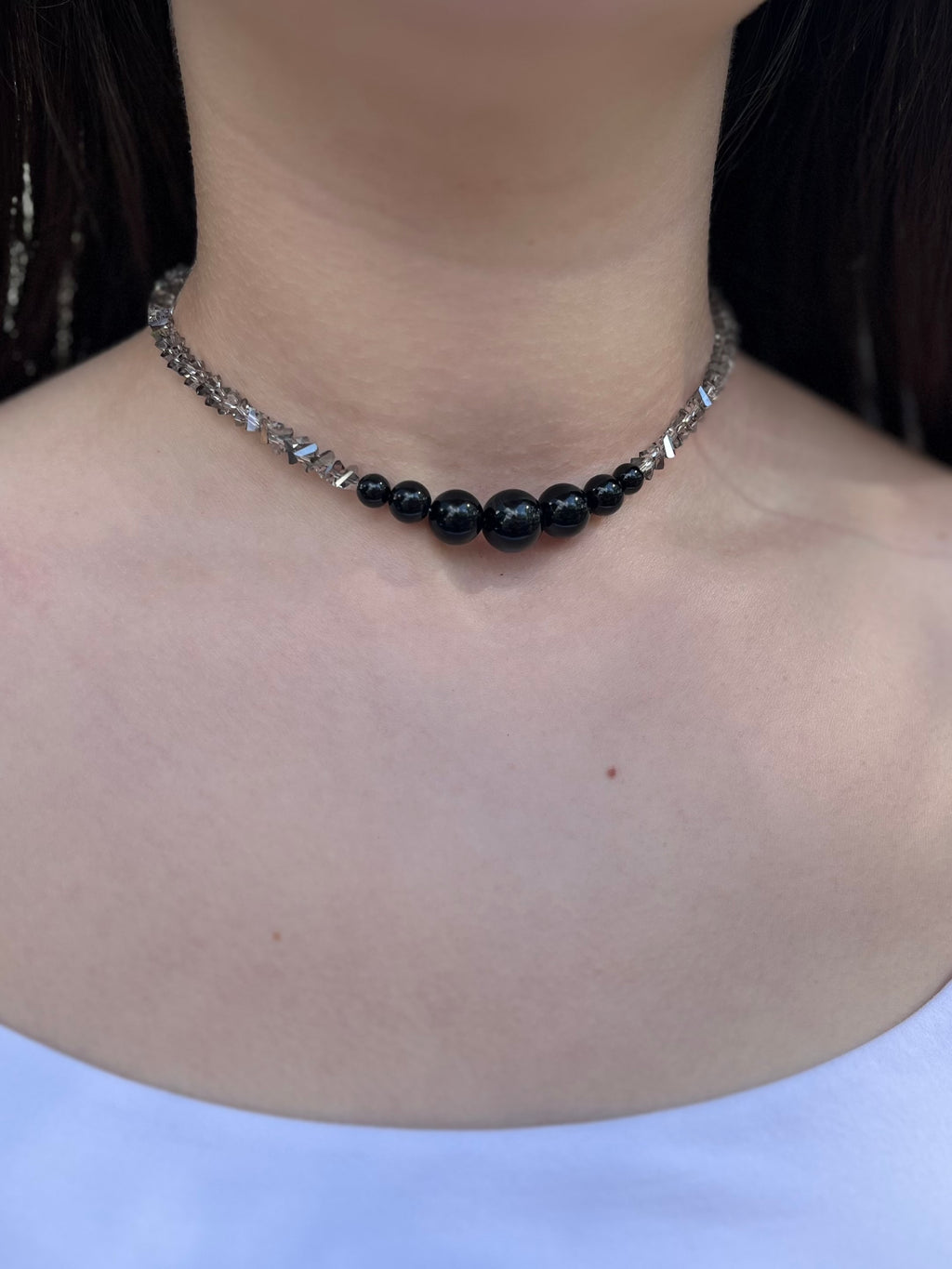 Set: Black Crystal Choker Necklace with onyx and Earrings