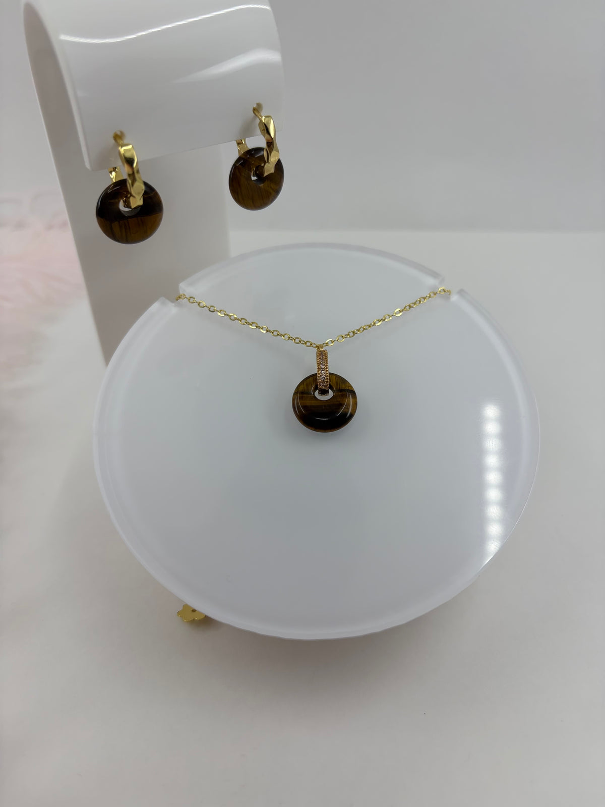 Tiger eye donut Earrings and Necklace,18K Gold Plated