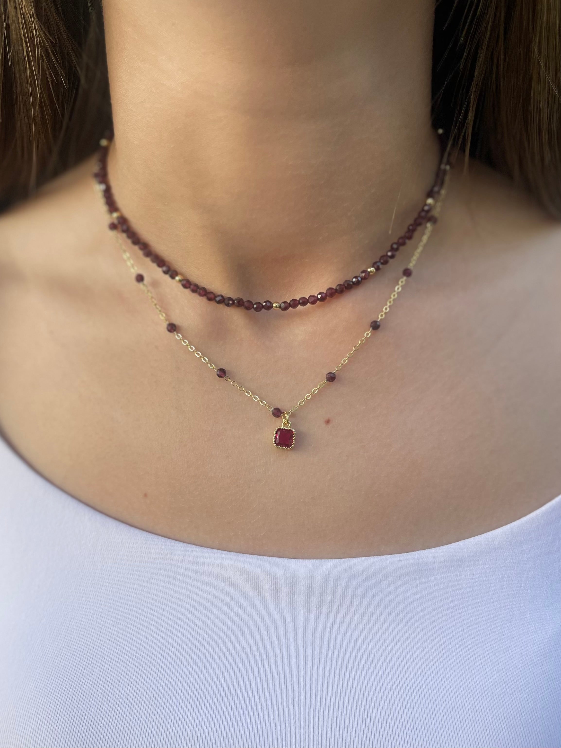 Layered Garnet necklace , 18K gold clasp