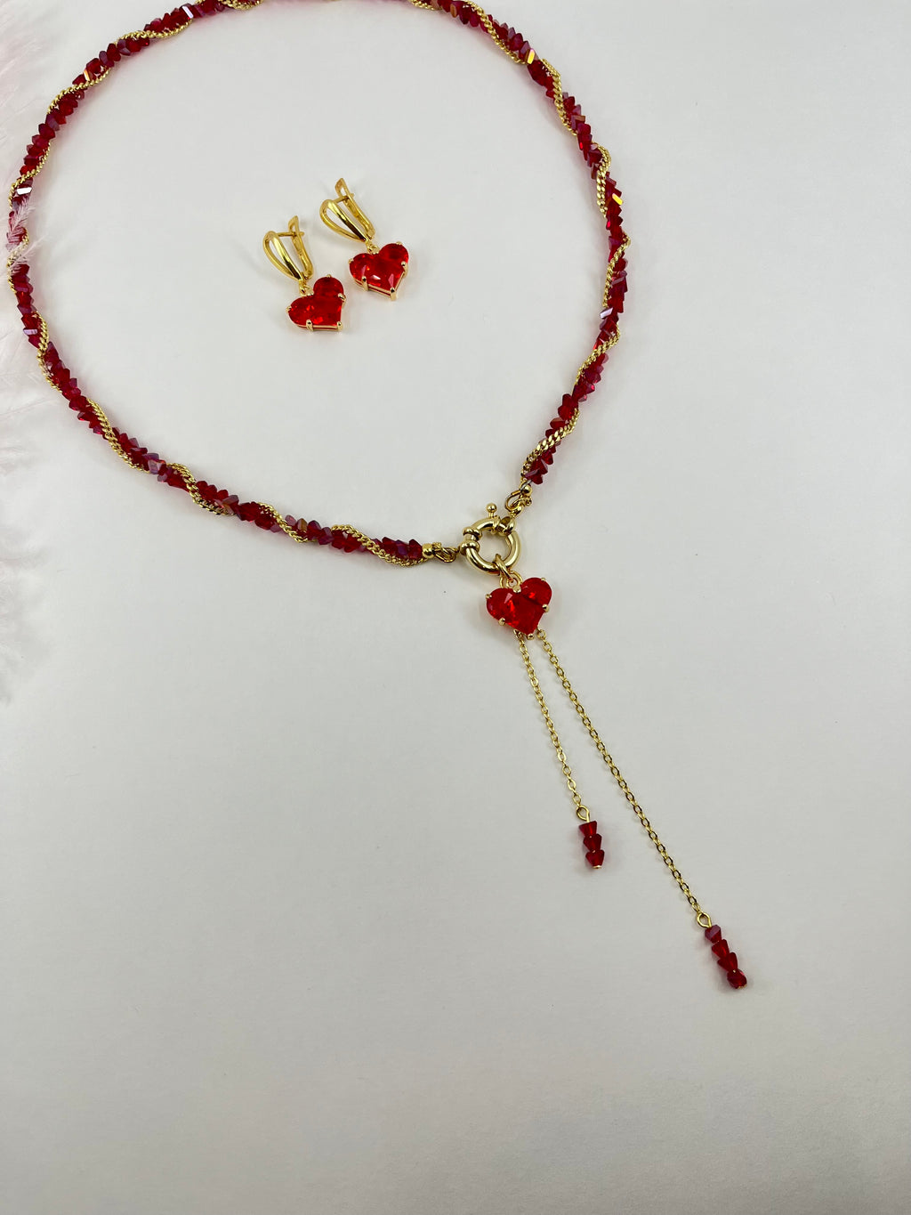 Set: Heart Red Crystal Y-Necklace and Earrings – 18K Gold Plated, Cubic Zirconia