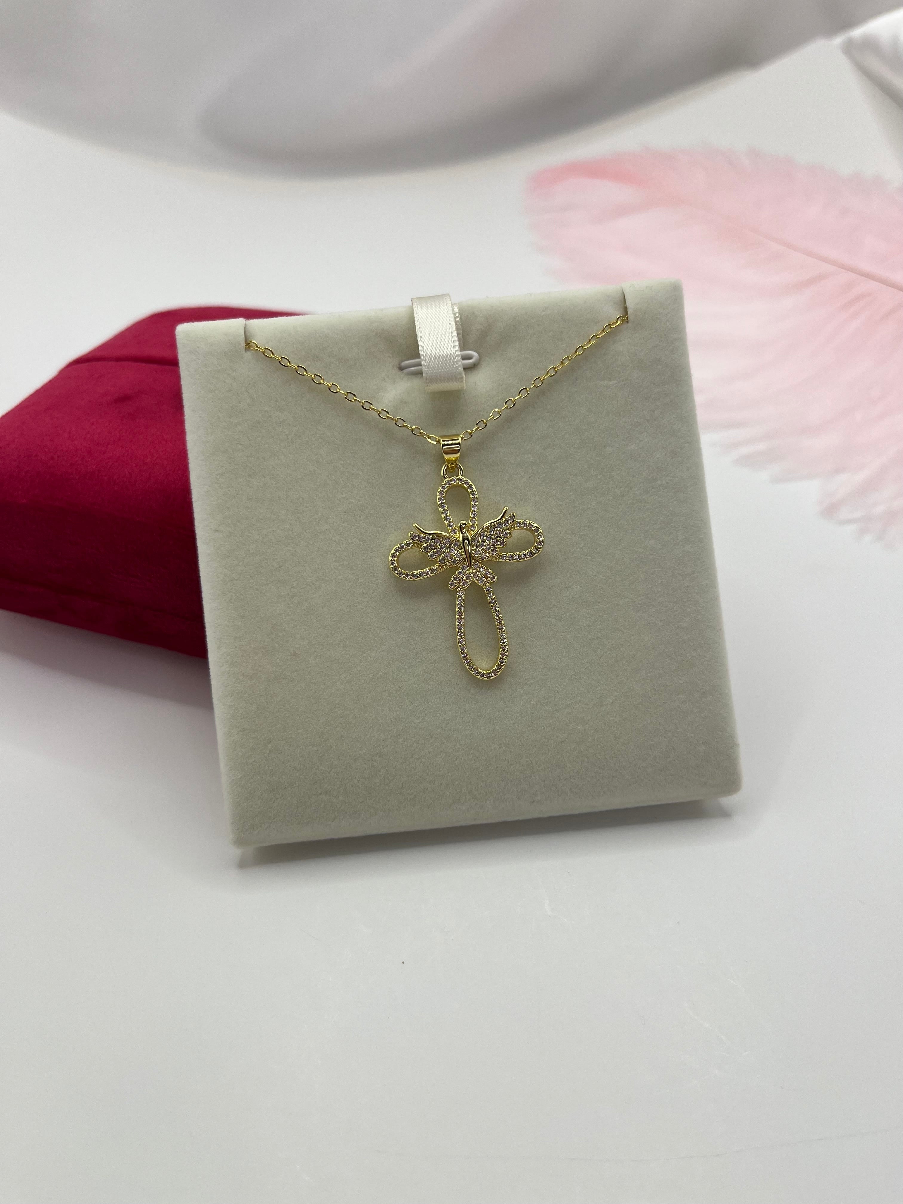 Cross with bird Necklace, Real 18K Gold Plated