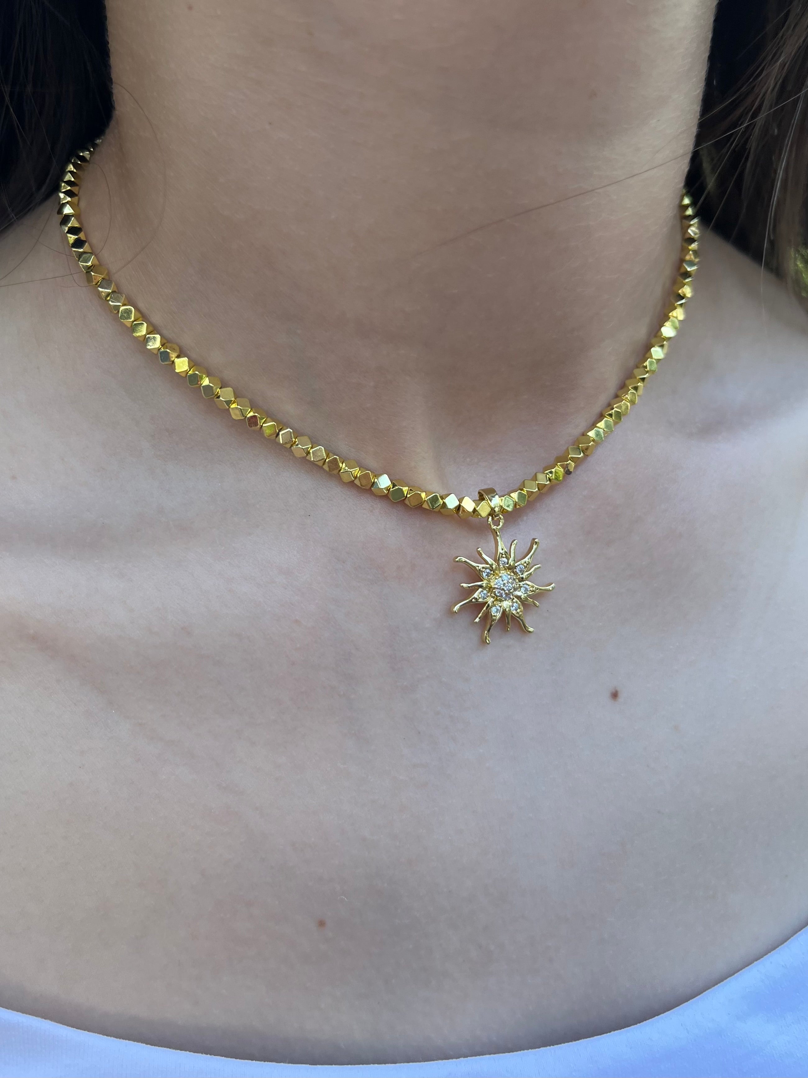 Gold Hematite Sun Necklace, 18K Gold Plated pendant