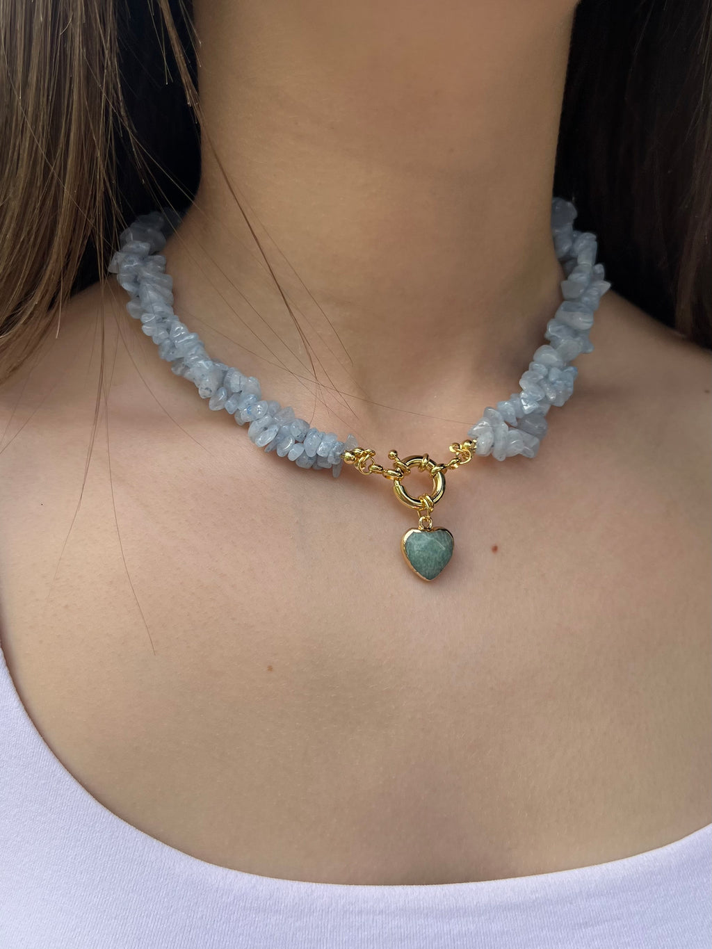Natural Aquamarine Necklace with Amazonite heart pendant