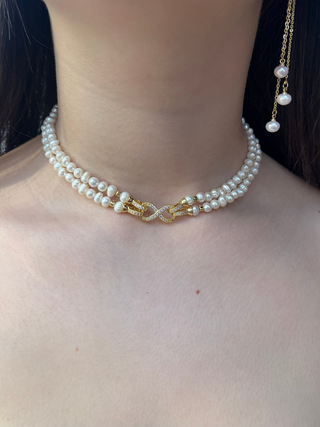 Pearl Choker Necklace : 18K Gold Plated Zirconia Clasp